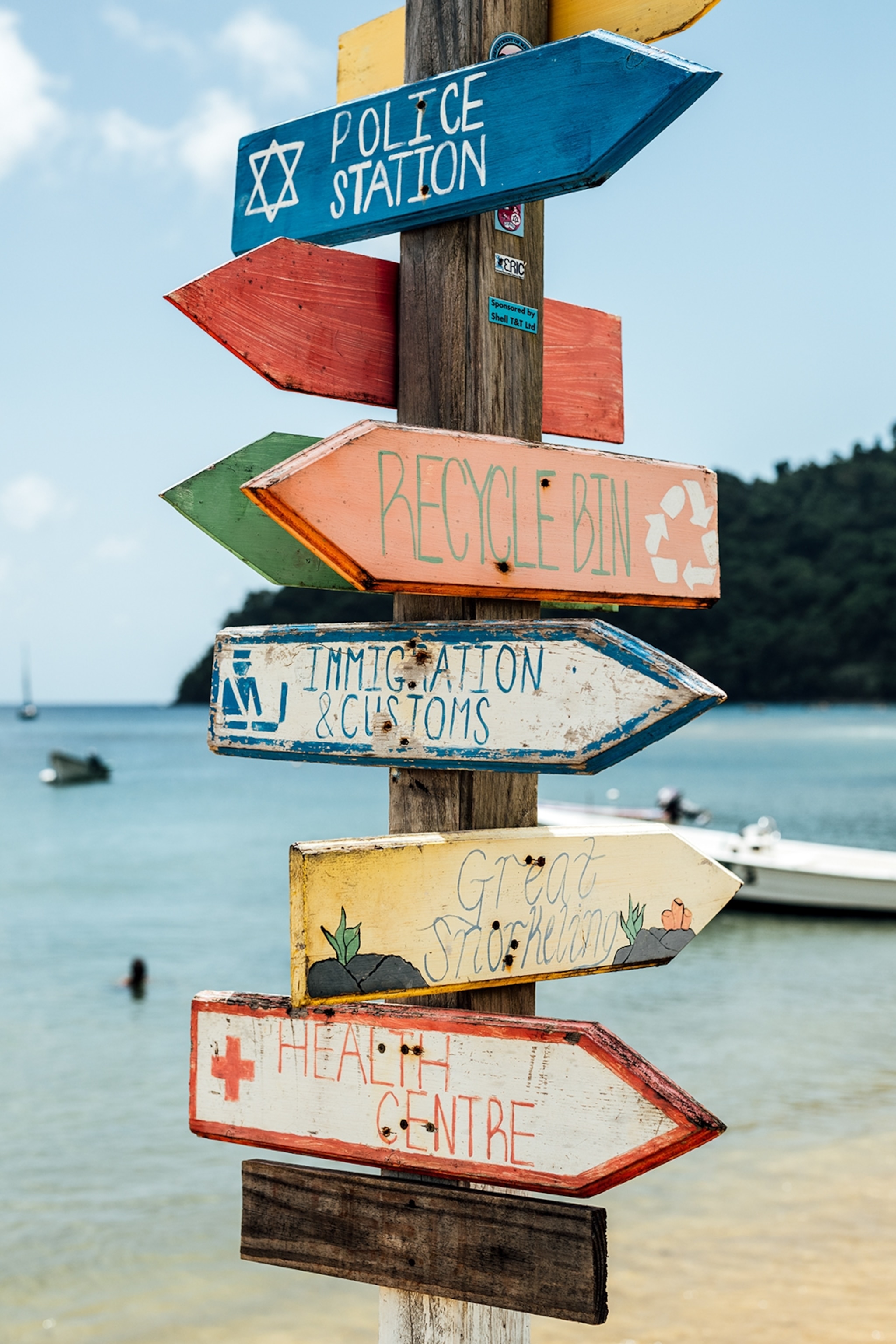 A signpost with arrows pointing in different directions with a beach in the background.