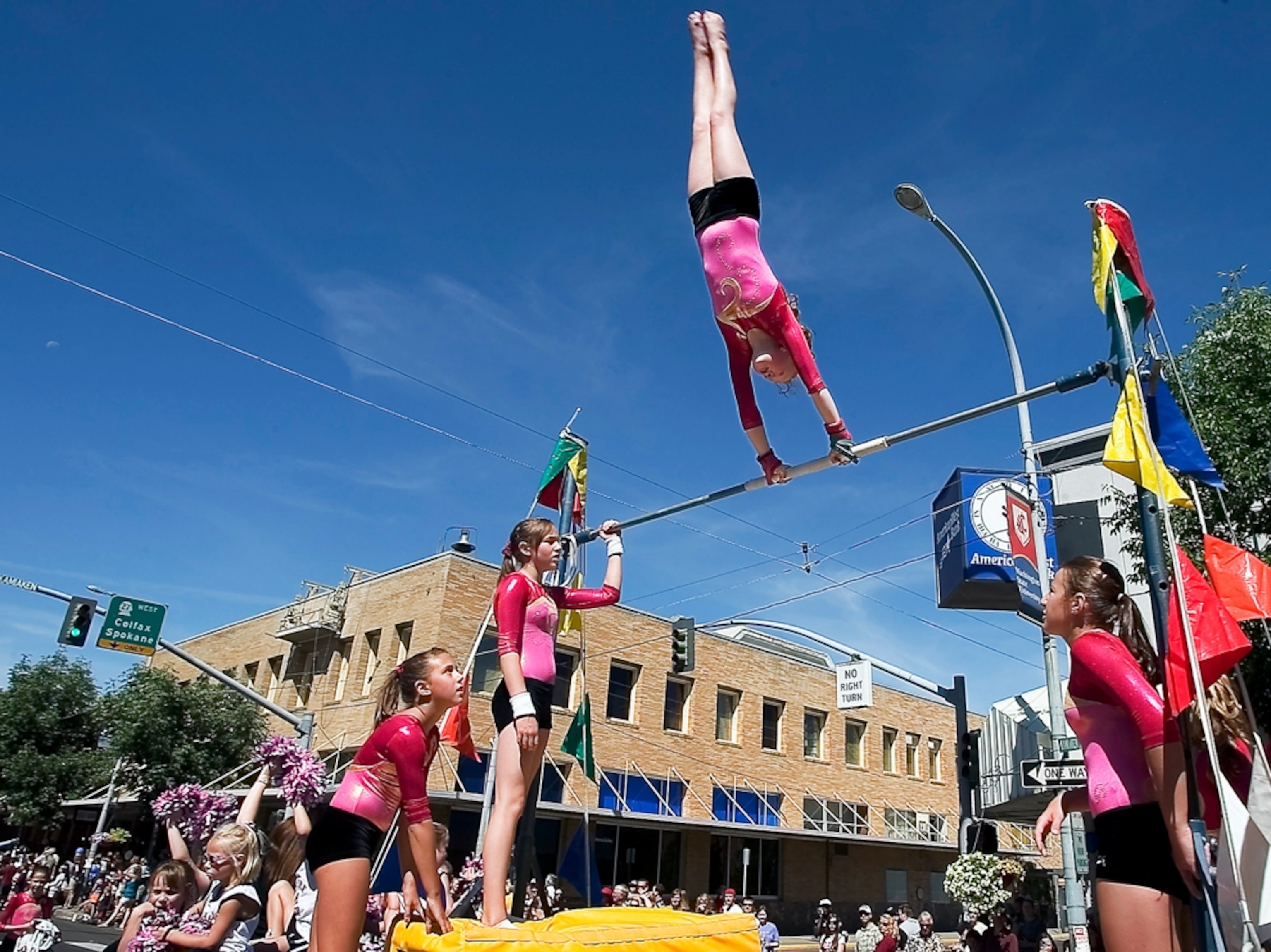 young gymnasts on parade float
