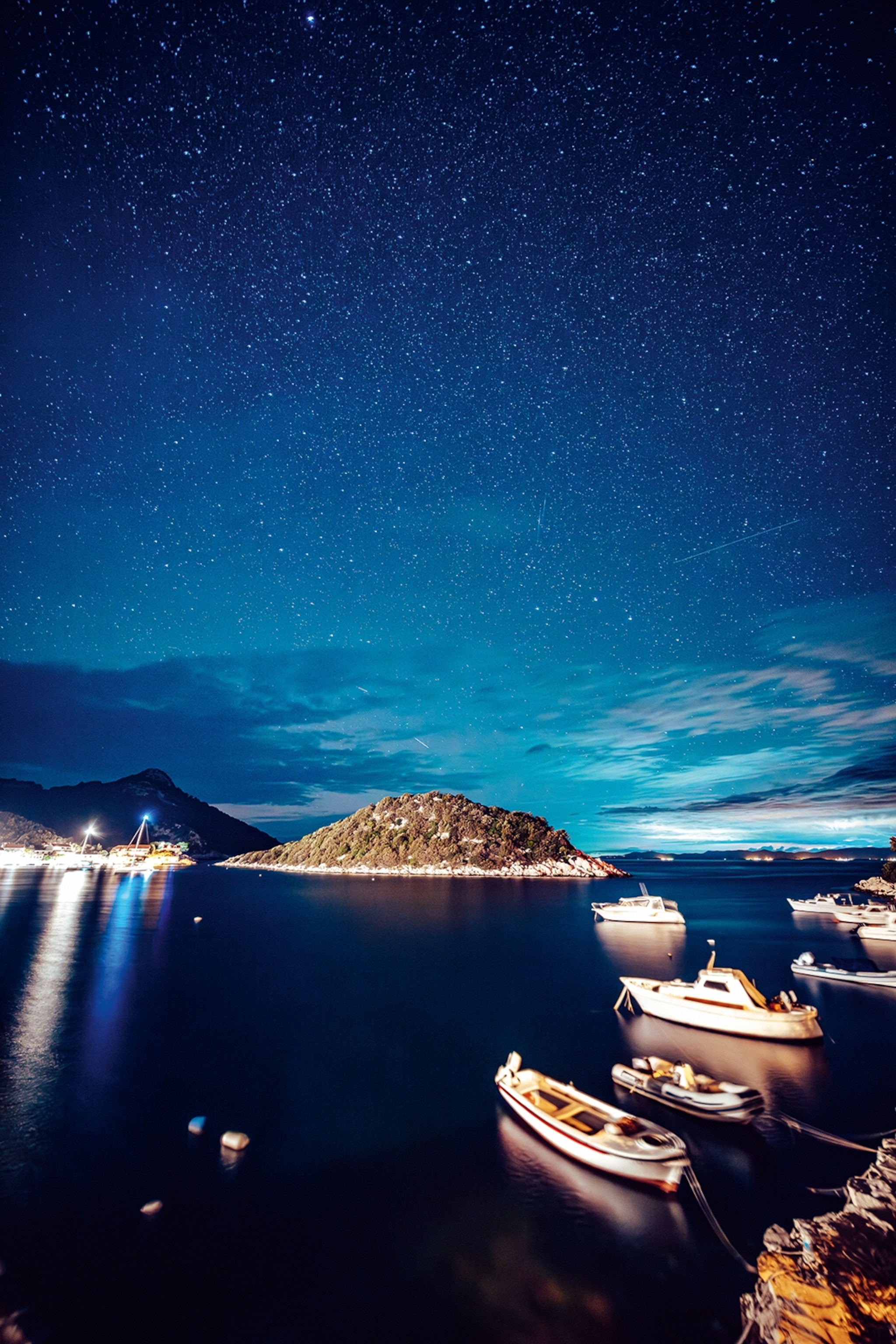 A night scene of a couple of wooden boats anchored in the ocean with a small island in the background.
