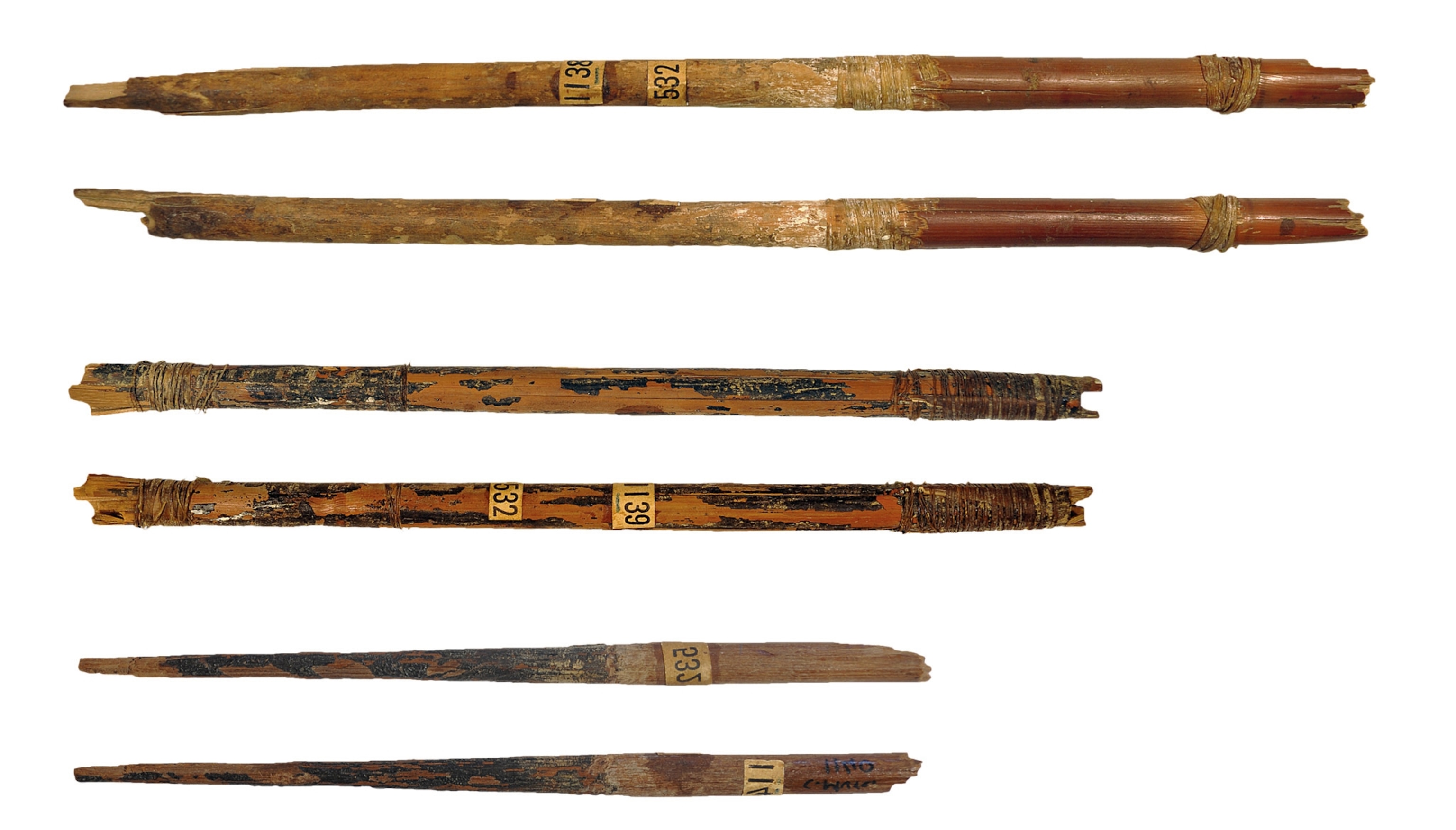 Reed and wooden arrow shafts are pictured.