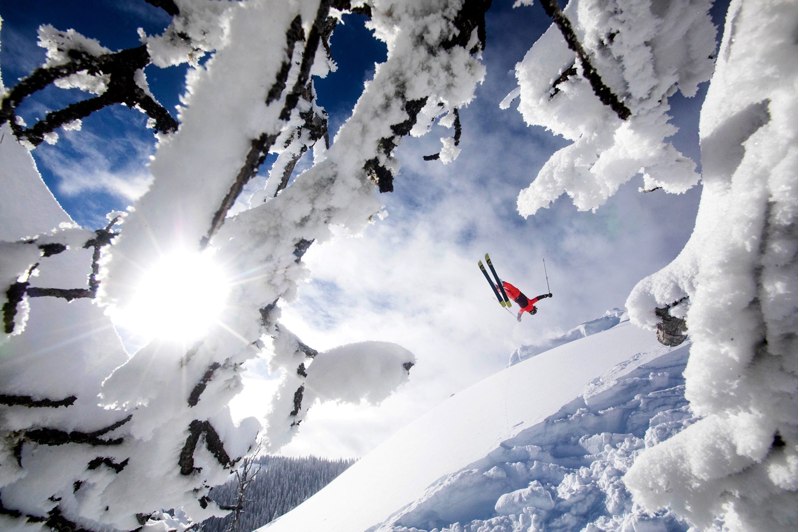 a skier pulling a backflip in Jackson, Wyoming