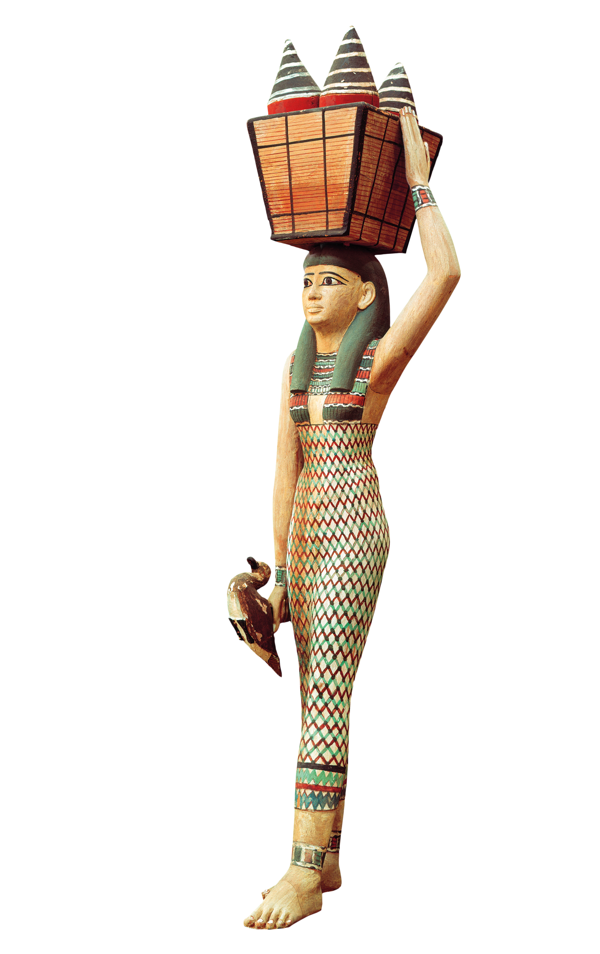 Painted statue of an offering-bearer from the tomb of Meketre, Thebes wearing a net dress.