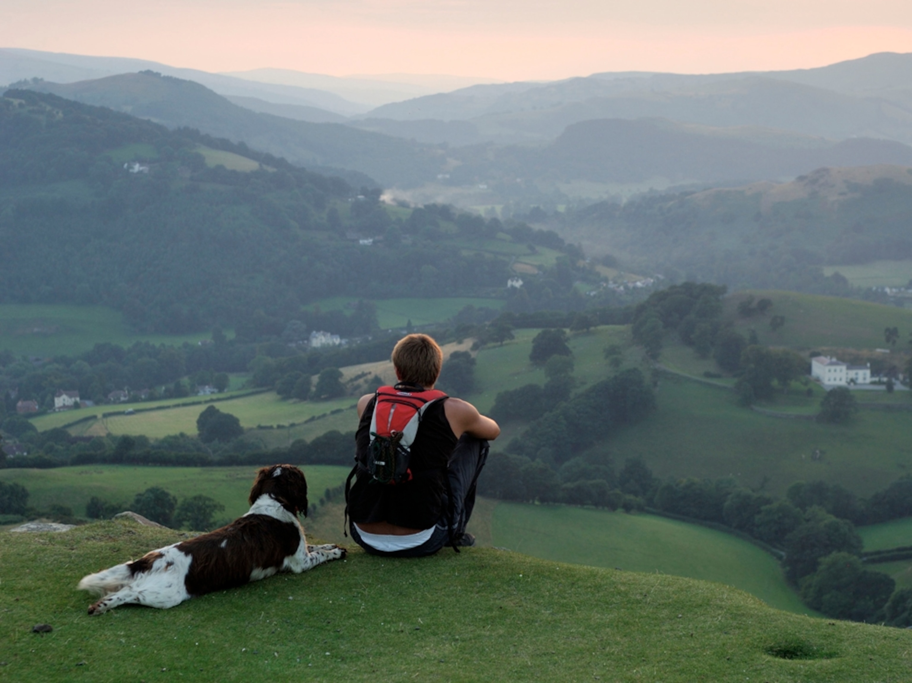 Boy with dog overlook Dee Valley, Wales