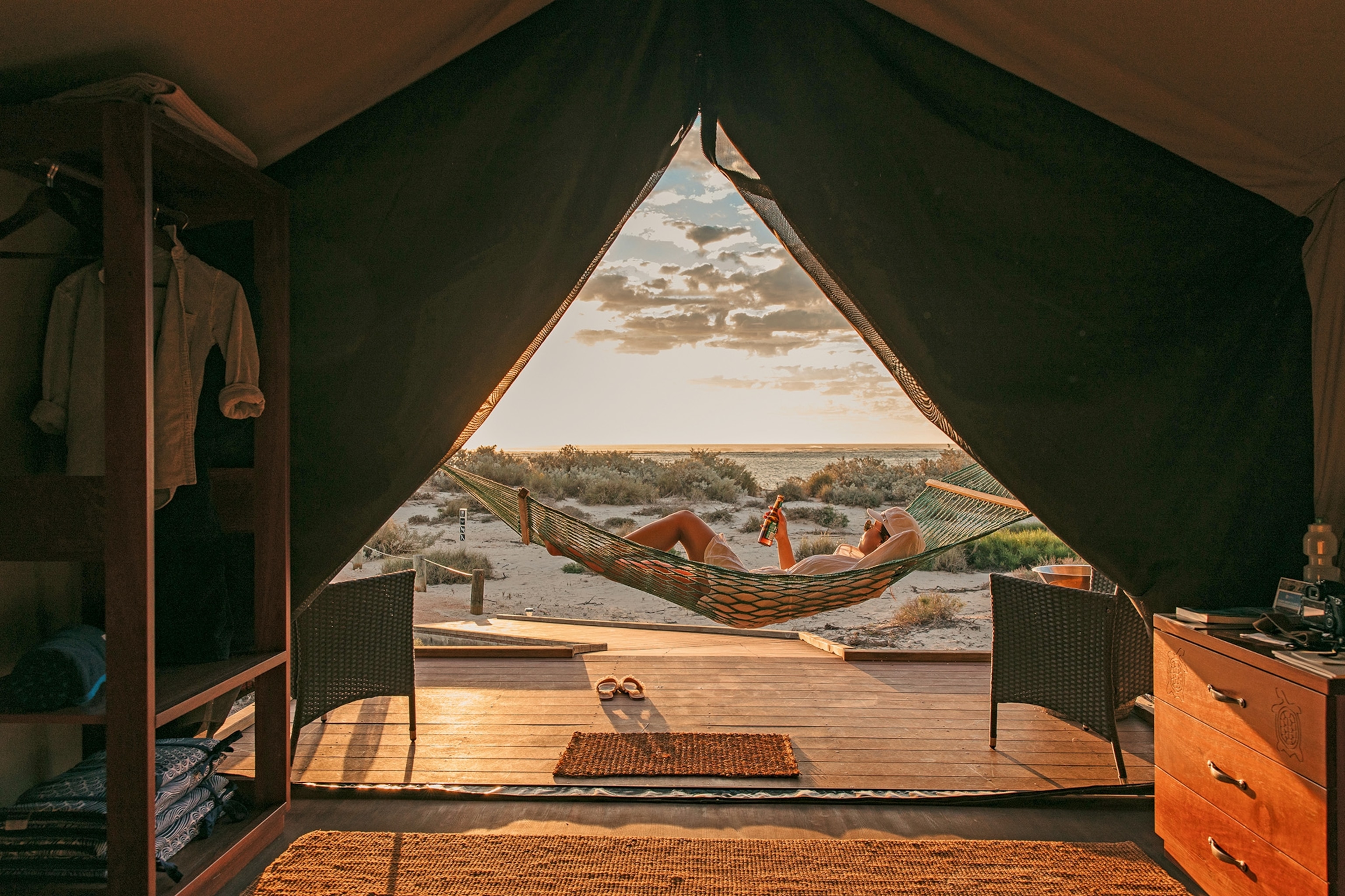 A rustic yet luxury tent overlooking remote beach land