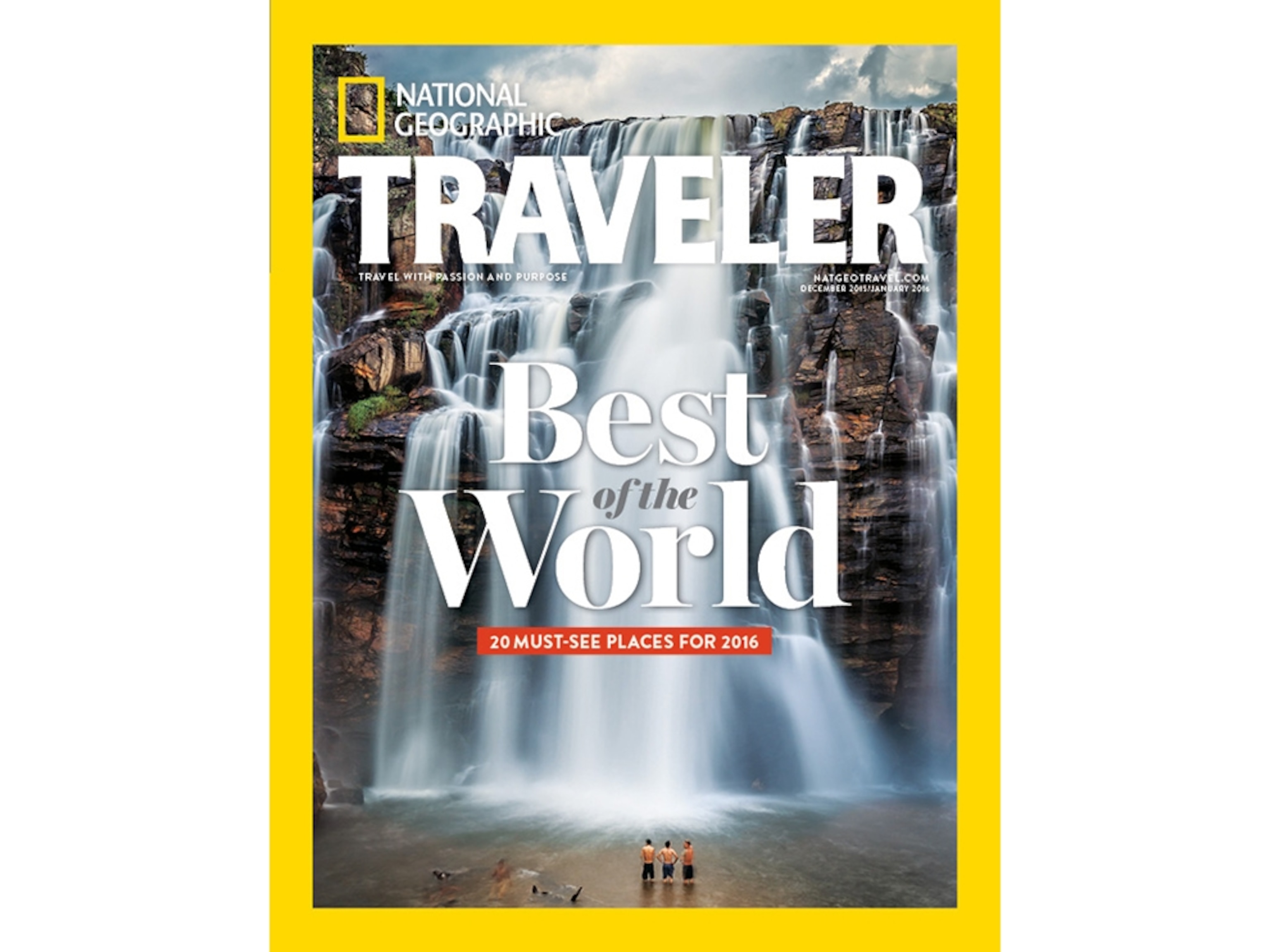 people at the base of a waterfall in Goias, Brazil