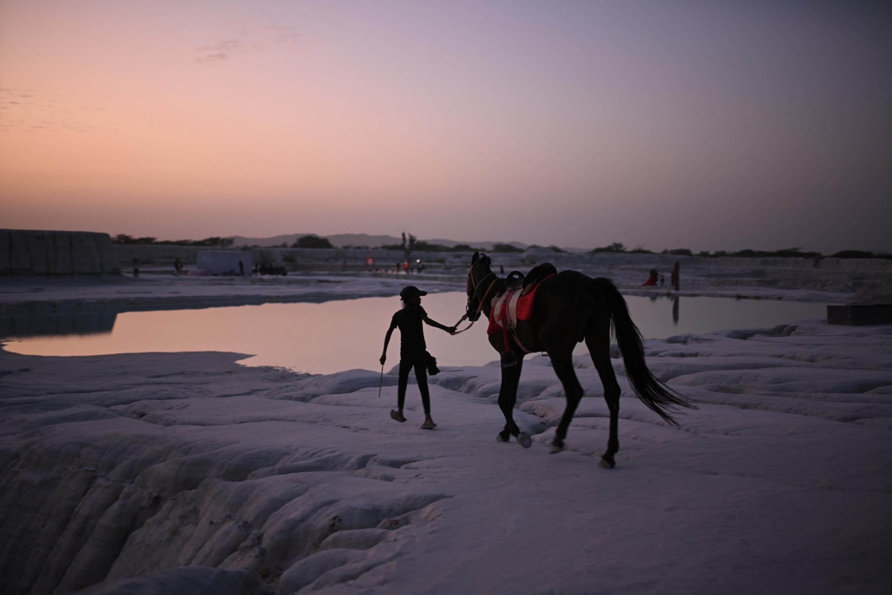 A horse being taken to get a drink of water silhouetted.