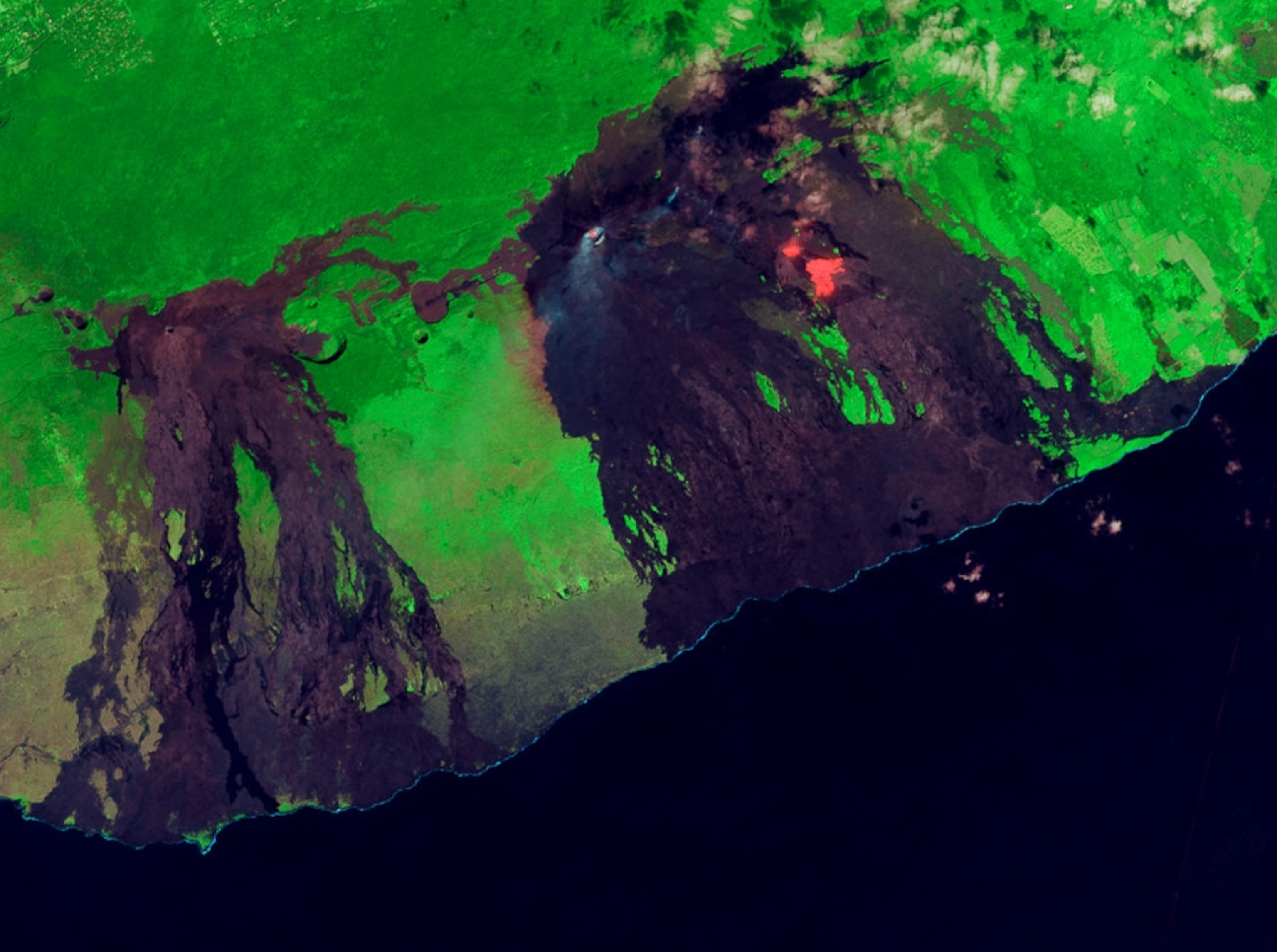 Infrared satellite picture of fresh lava erupting from Hawaii's Kilauea volcano