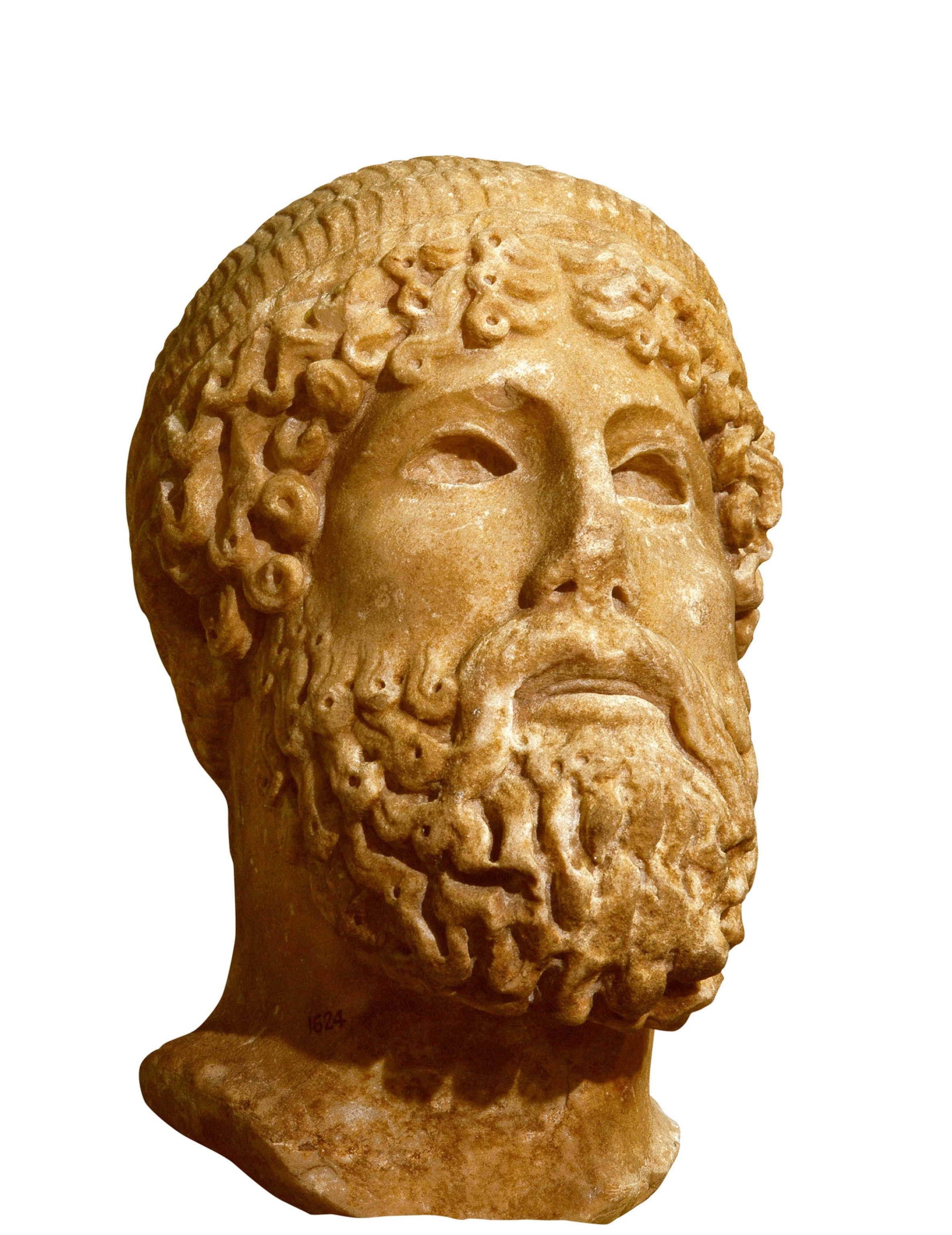 a stone bust of a man with curly hair and curly beard looking up