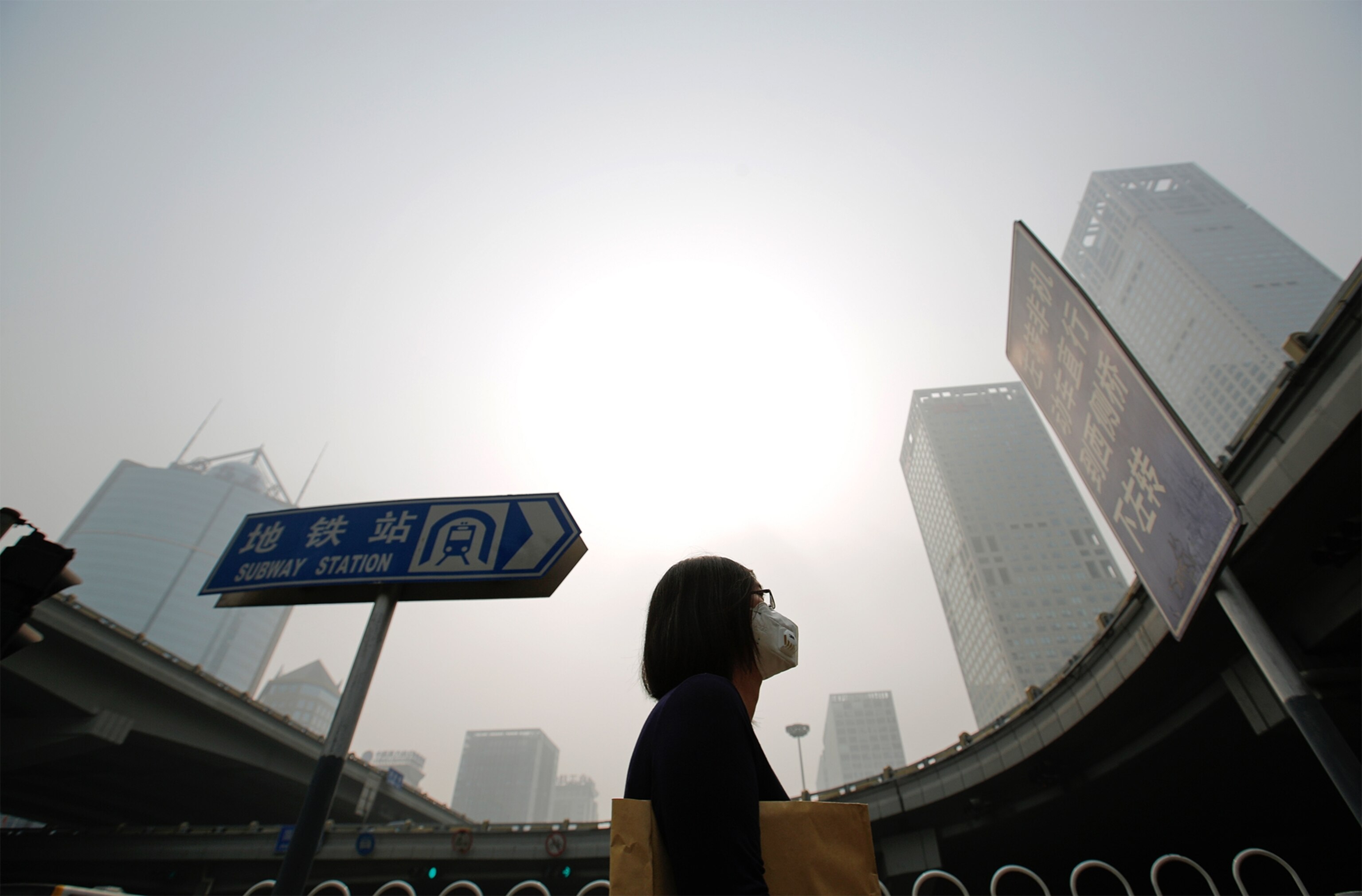 a woman wearing a mask to protect from pollution in Beijing