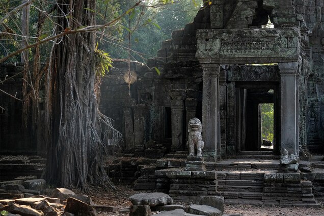 The Preah Khan temple, whose name means &ldquo;holy sword,&rdquo; was erected in 1191 by Jayavarman VII in honor of his father, Dharanindravarman II. The interior of the vastly scaled structure is a network of crisscrossing, labyrinthine passageways that link courtyards and chambers.