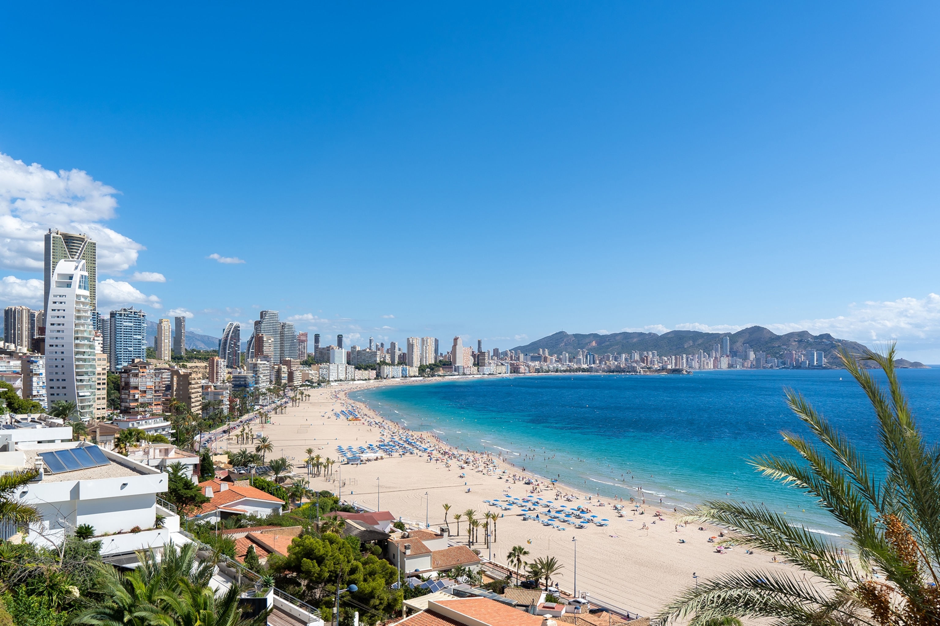 Elevated view of a cresent shaped bay, taken from behind the beach, with beige sands, vibrant turquoise blue waters and high-rise buildings perched behind the sands