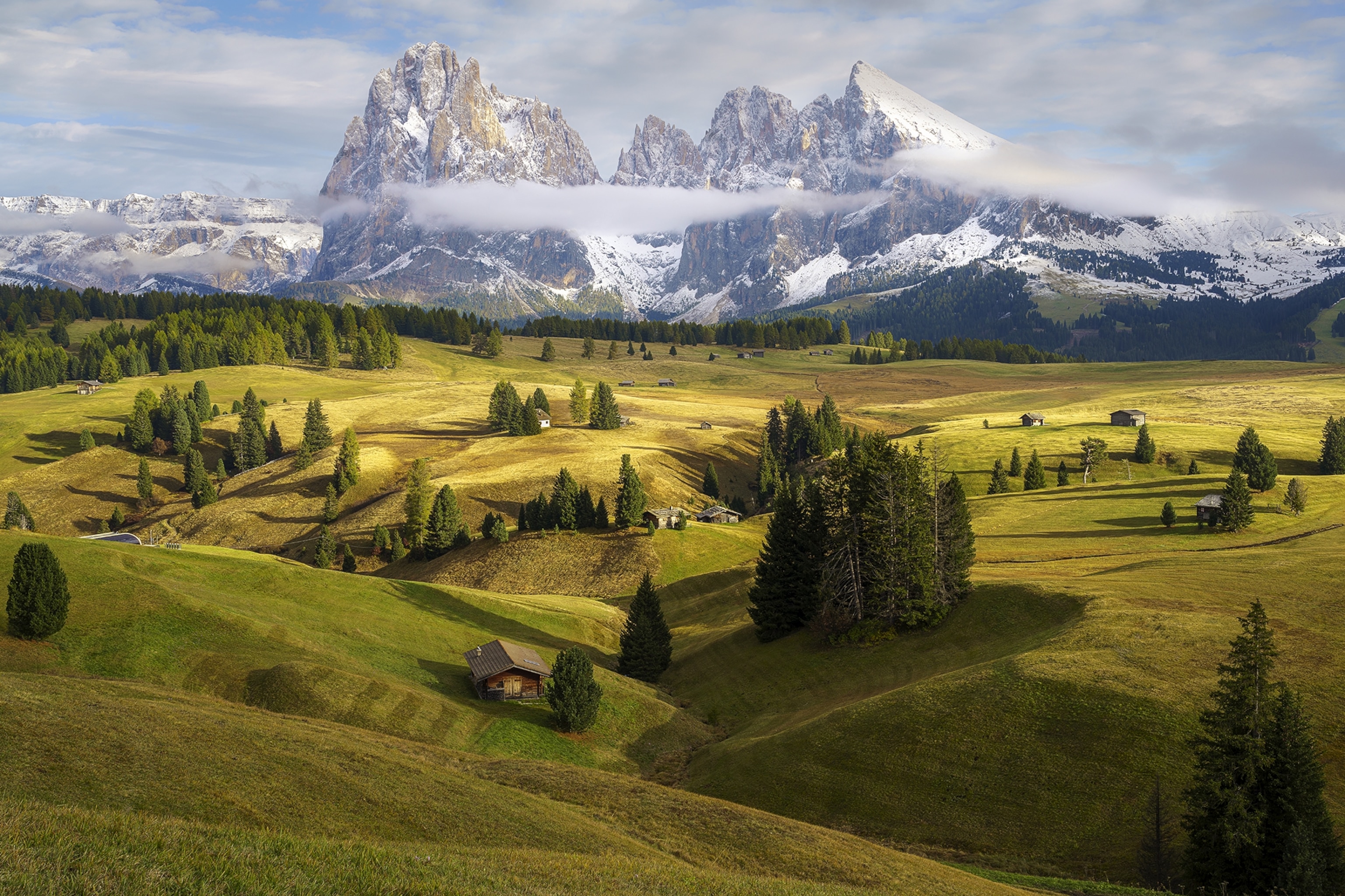A landscape shot of rolling fields with snow-capped peaks in the distance.
