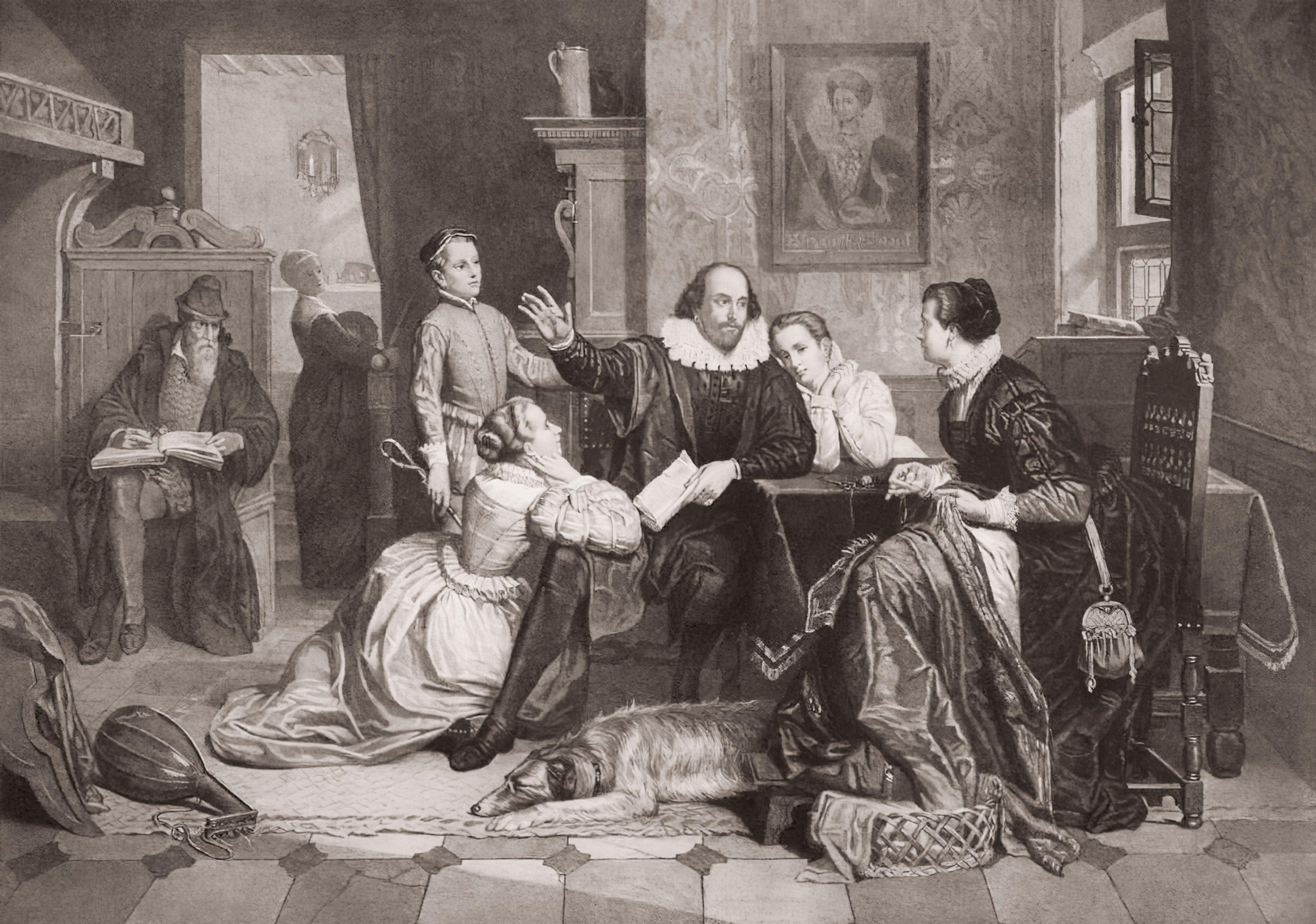 Circa 1600, Shakespeare (1564 - 1616) reading Hamlet to his family.