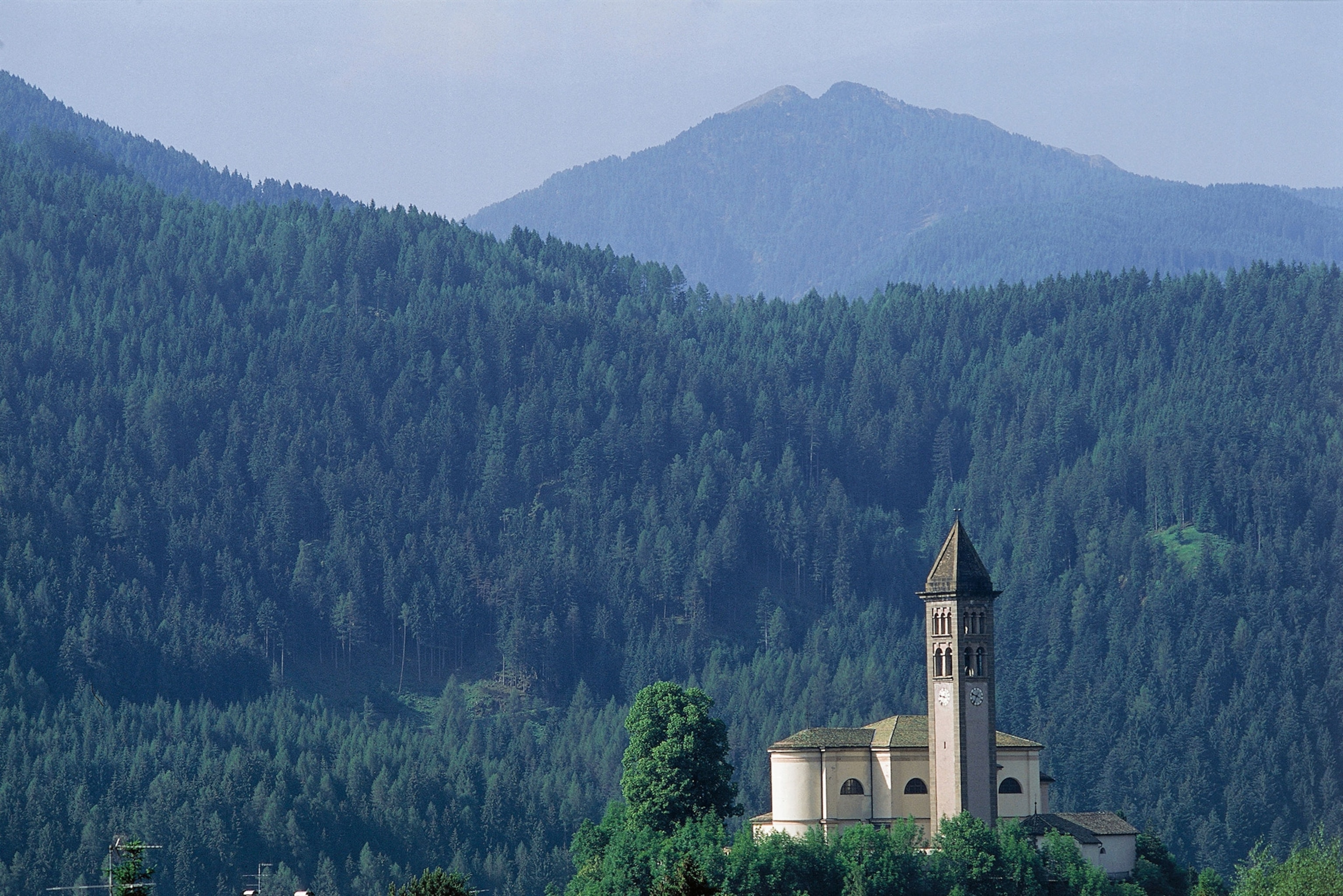 A small castle with a tower stands alone against a valley covered in dense forest