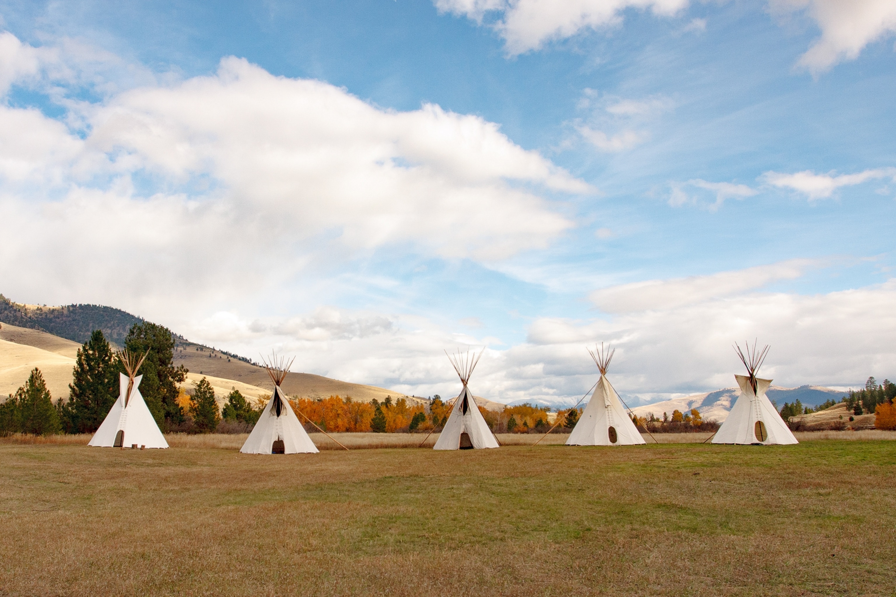 Five Native American tipi tens in a row on a flat field.