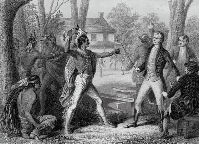 Shawnee leader Tecumseh confronts William Henry Harrison at an 1810 meeting in Indiana shown in an engraving by W. Ridgway.