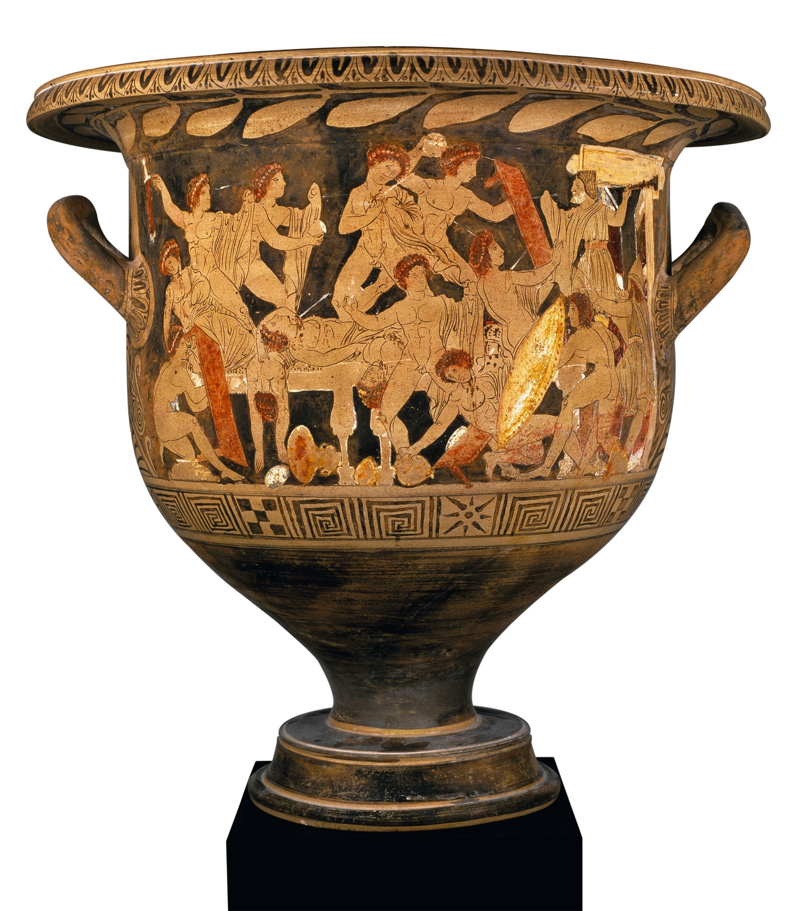 A krater shows suitors unsuccessfully defending themselves against Odysseus, Telemachus, and Eumaeus.