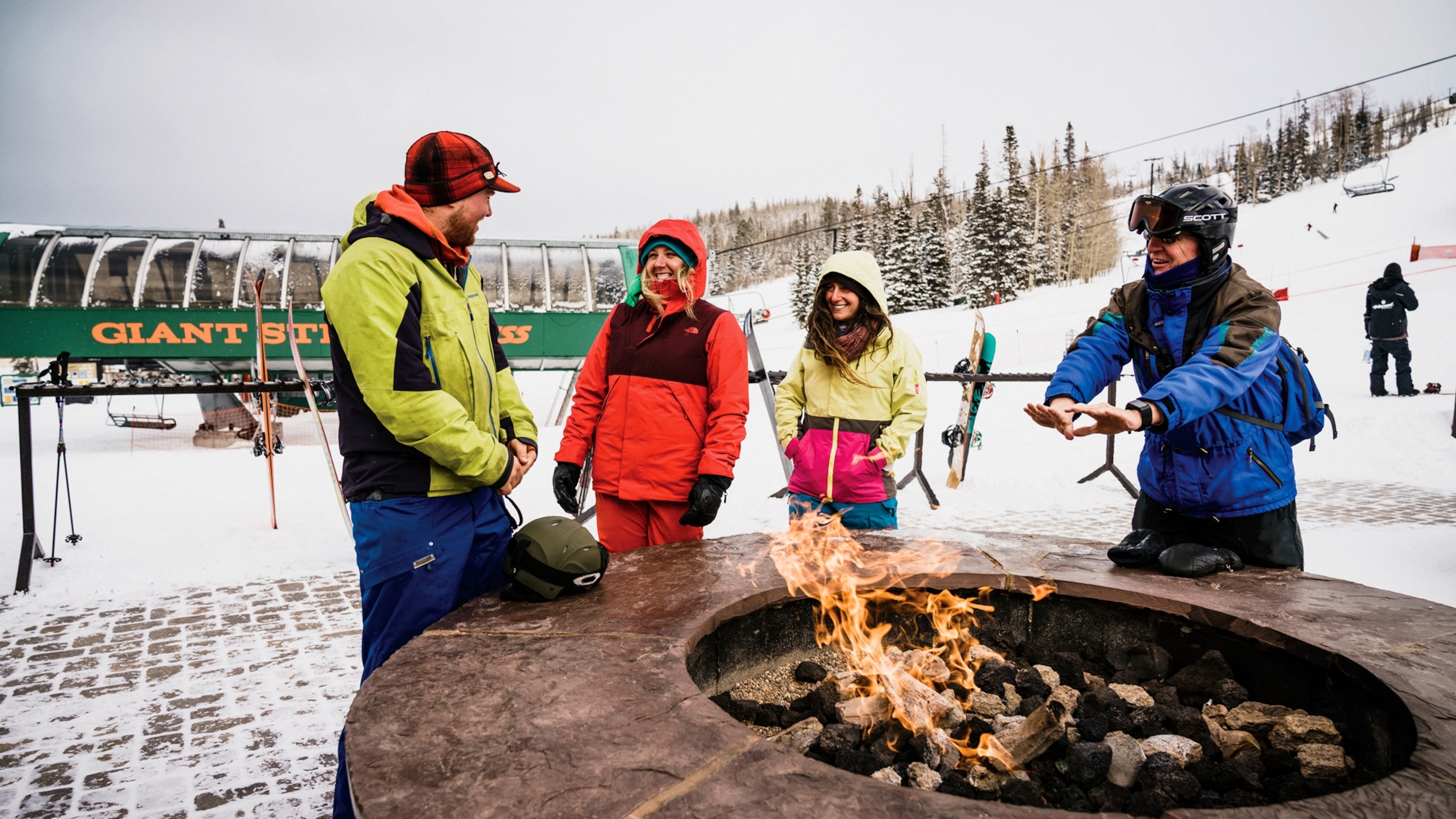 skiers warming up at the Brian Head resort Utah