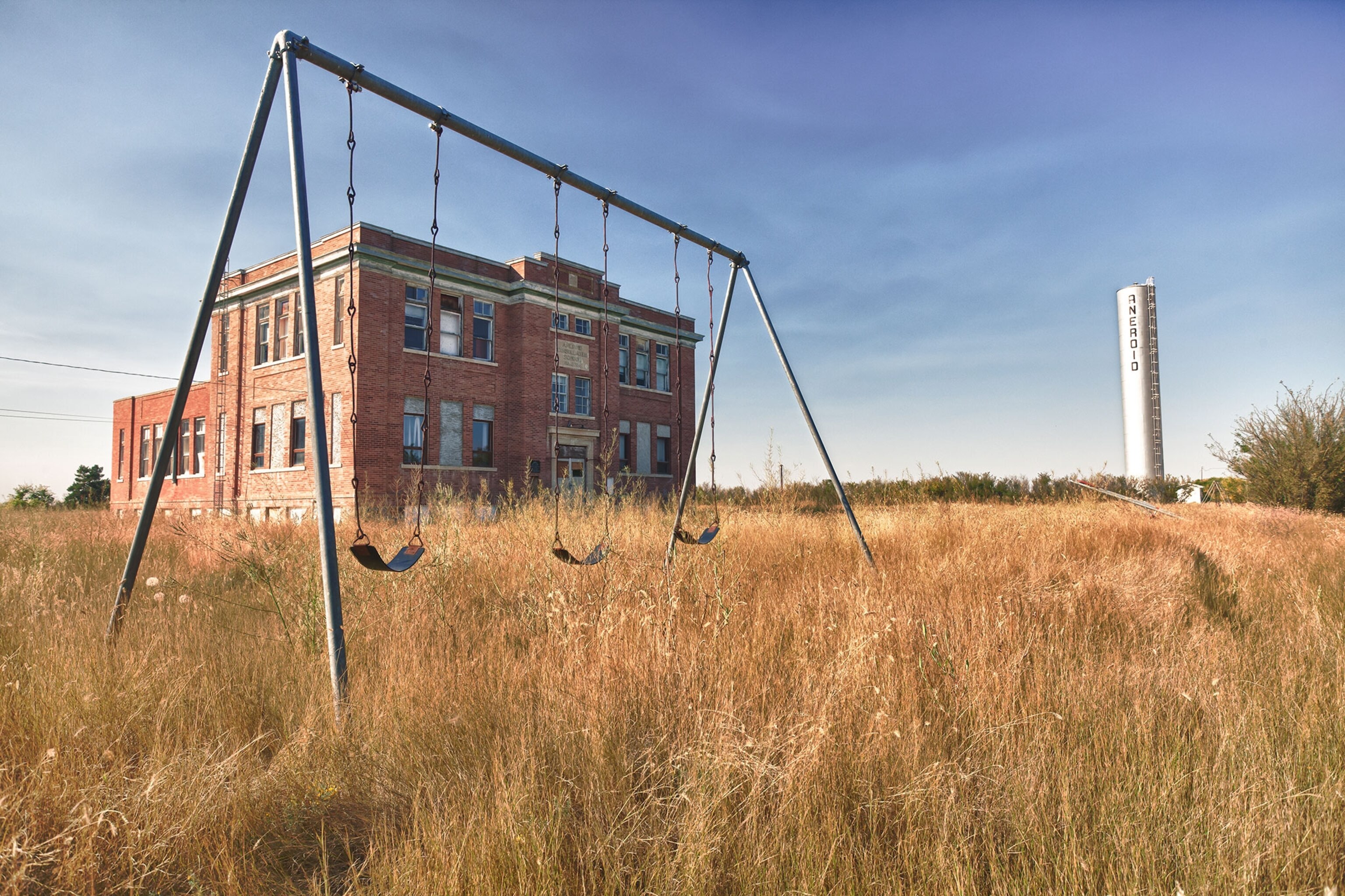 schoolhouse and swing set