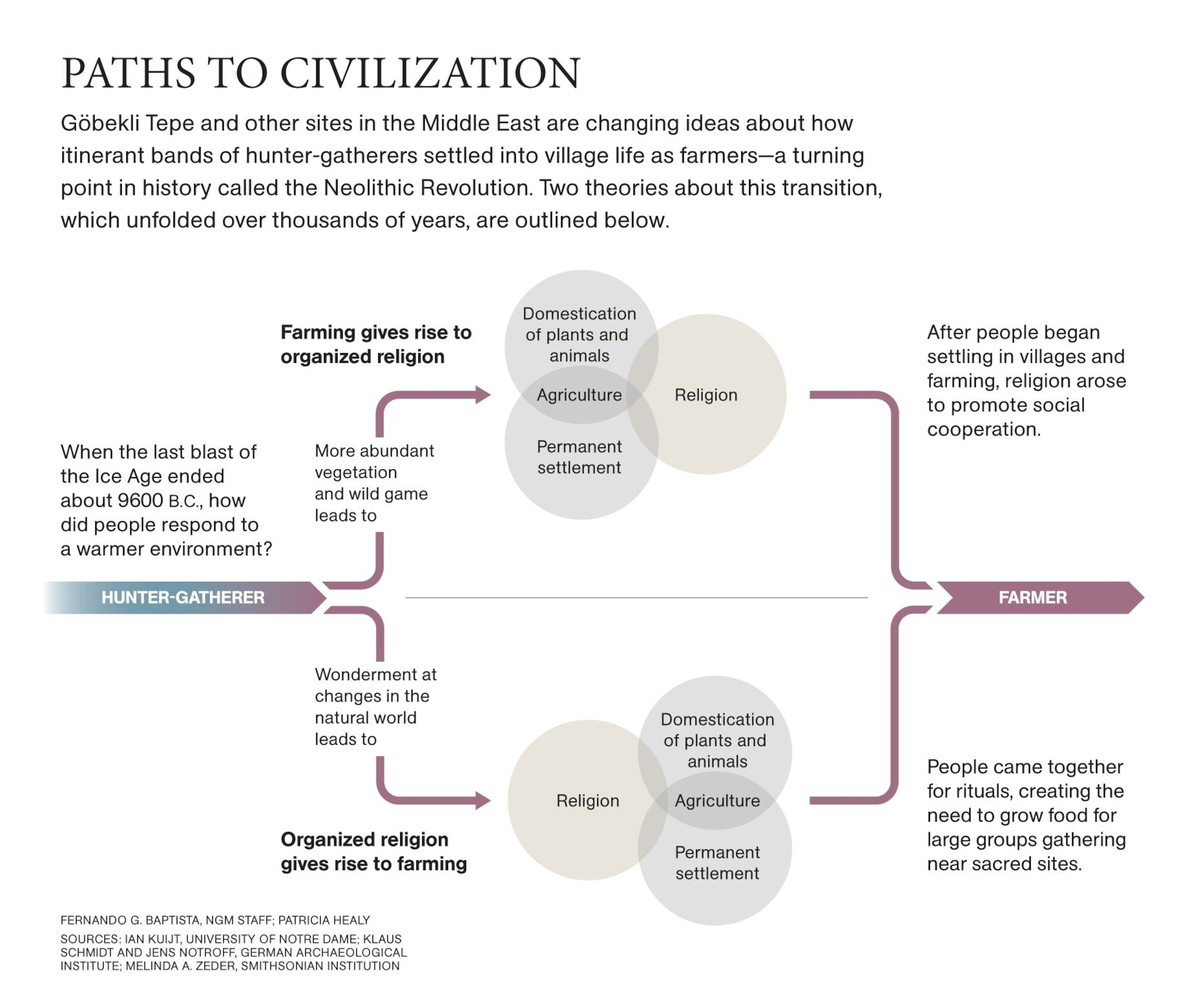 Theories on man's transition from hunter-gatherer to farmer. Graphic by Fernando G. Baptista, NG Creative