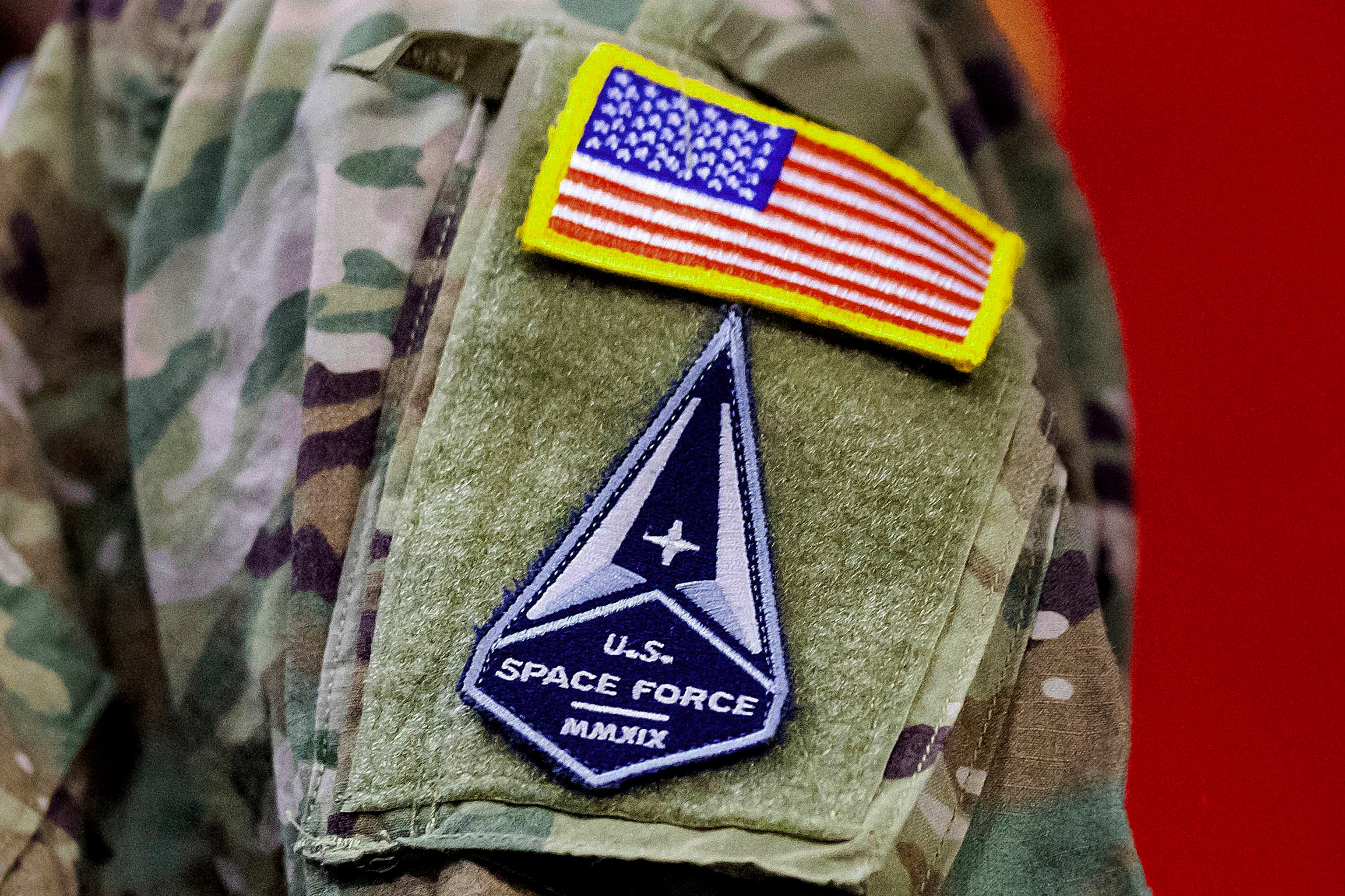 Up close image of patches on a soldiers shoulder depicting an American flag and a U.S. Space Force patch.