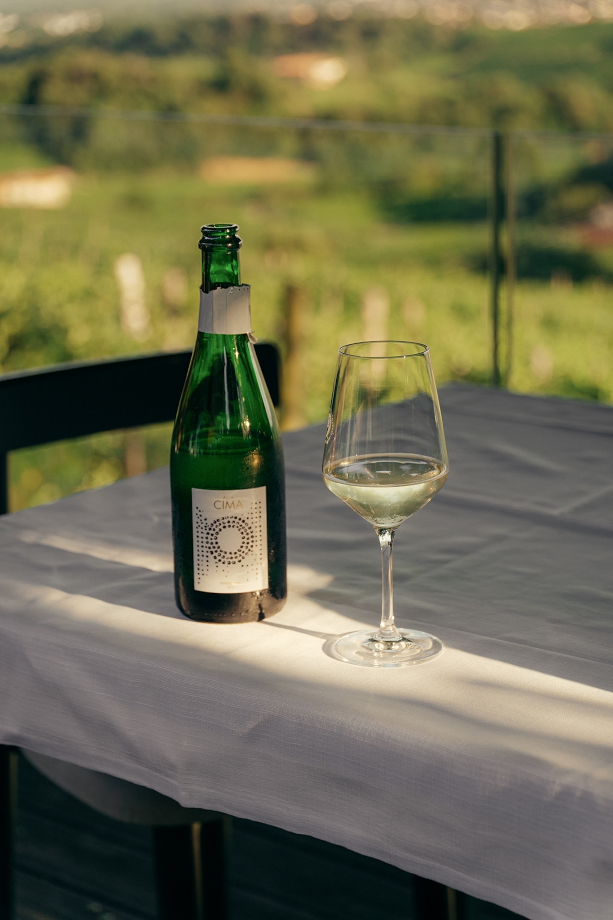 A bottle of prosecco and a glass of wine on a garden table.