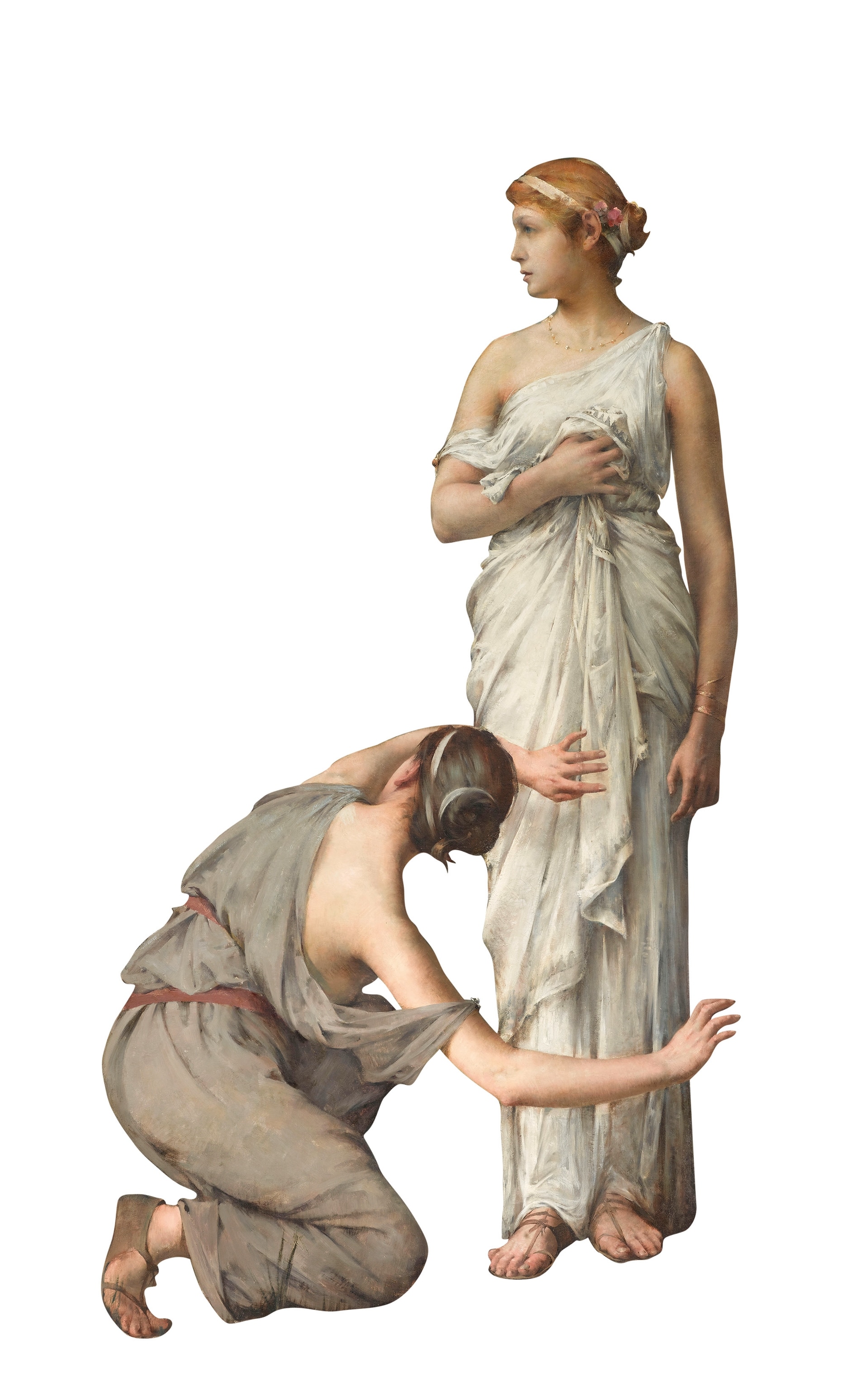 Oil painting of Nausicaa and one of her servants discovering Odysseus.