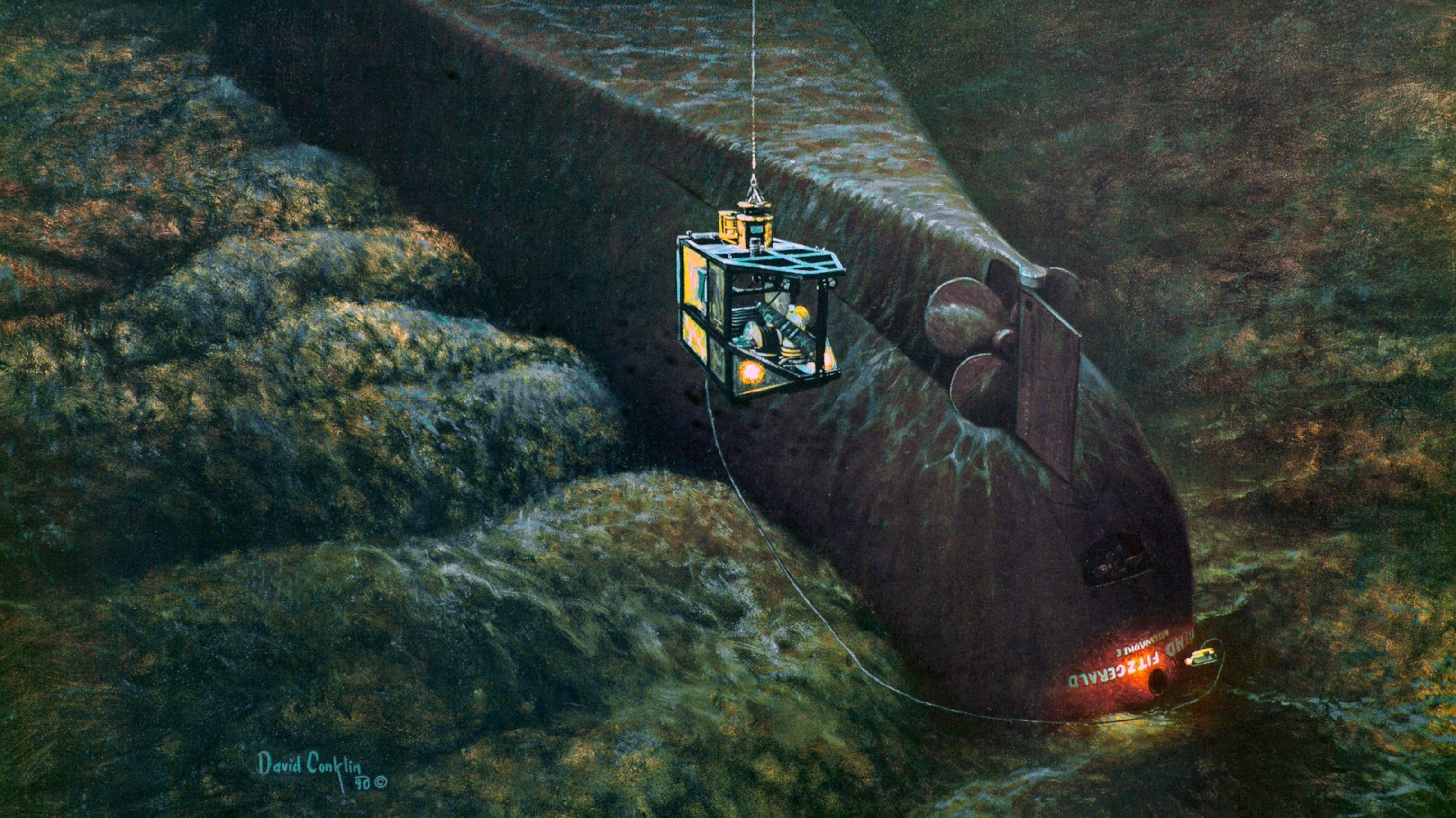 A painting of an overturned cargo ship at the bottom of a deep lake. A small submersible is seen investigating the wreck.