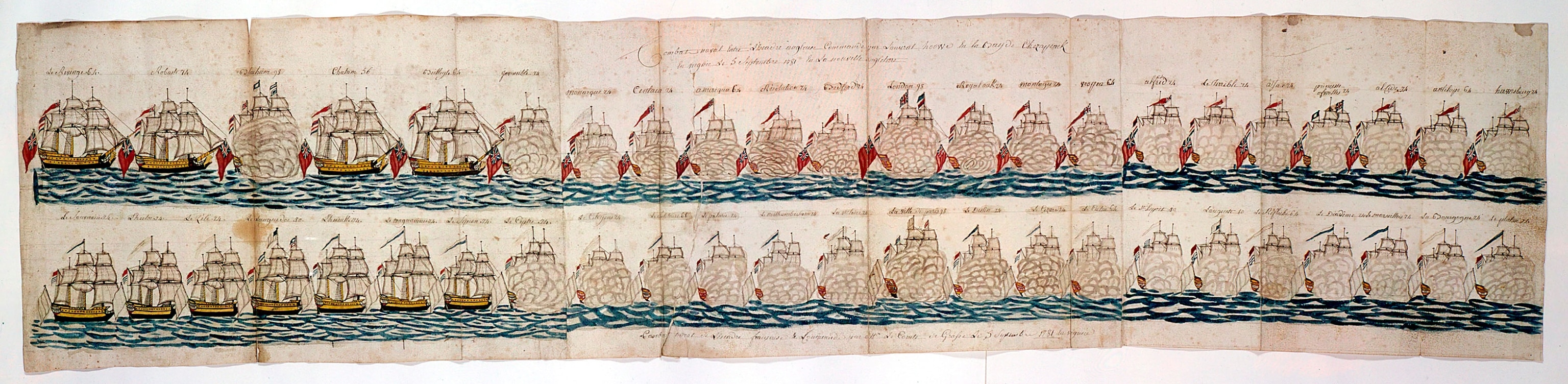 American War of Independence: Battle of Yorktown, 1781.Two lines of warships firing broadsides. The defeat of the British by the Americans and their French allies at Yorktown effectively marked the victory of the USA in the American War of Independence (1775-1781). From a French logbook, held by the Henry Huntingdon Museum.