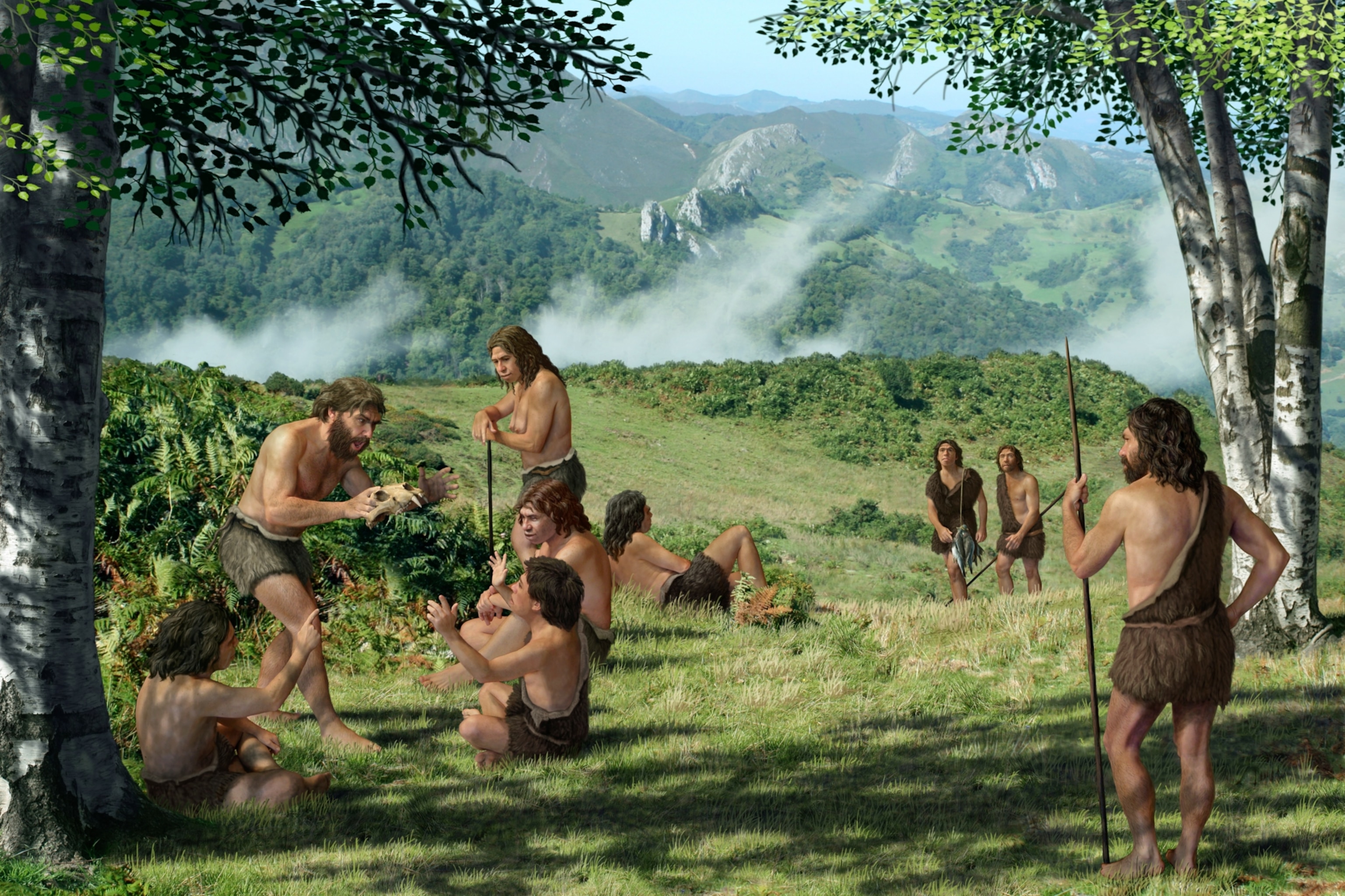 Illustration of Neanderthals in summer