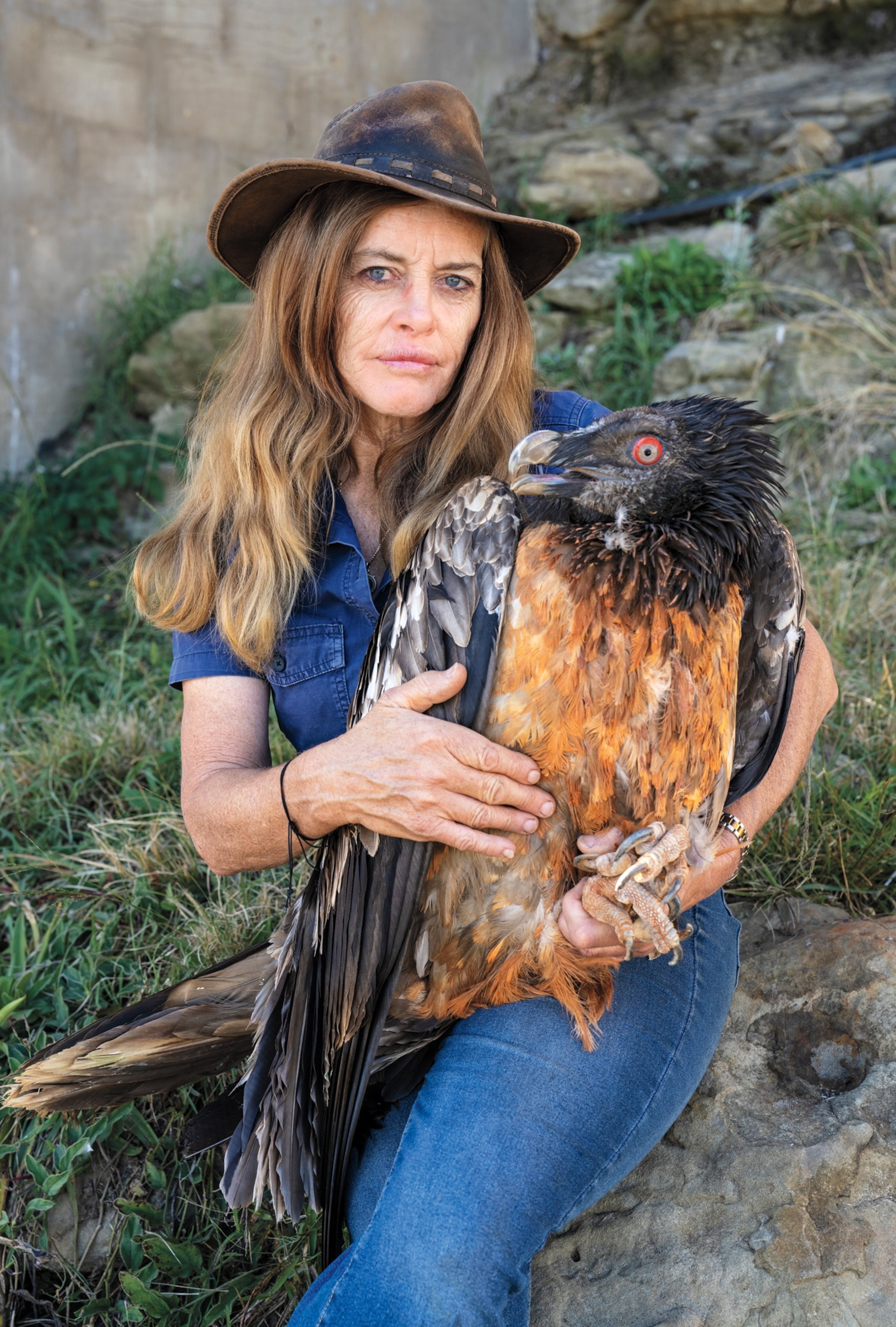 A woman wearing blue jeans and a blue denim shirt sits outside on a rock while holding a large vulture on her lap for a portrait.