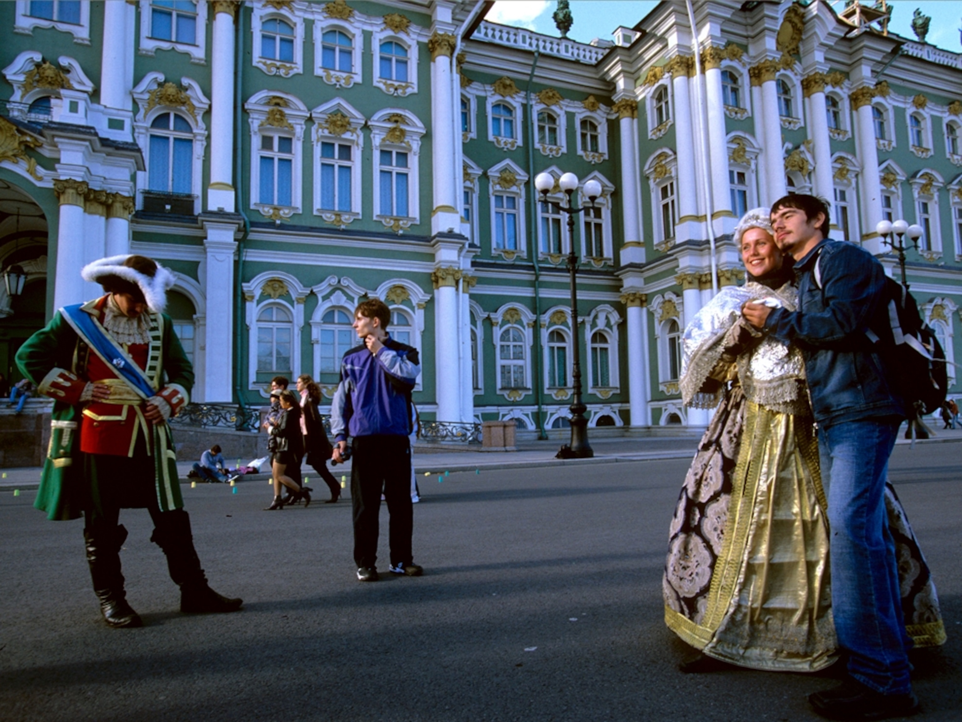 Characters dressed in period costumes