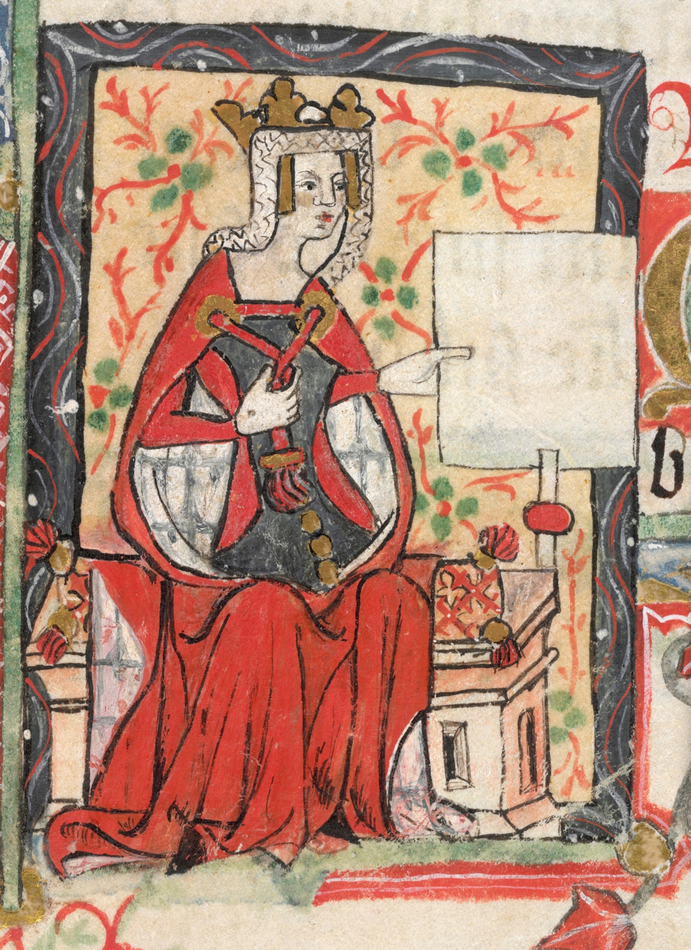 Queen Matilda. Golden Book of St Albans. England [St Albans]; 1380. [Lower miniature] Queen Matilda, daughter of King Henry I, seated and holding a charter. Matilda was a benefactor of St Albans Abbey Image taken from Golden Book of St Albans.