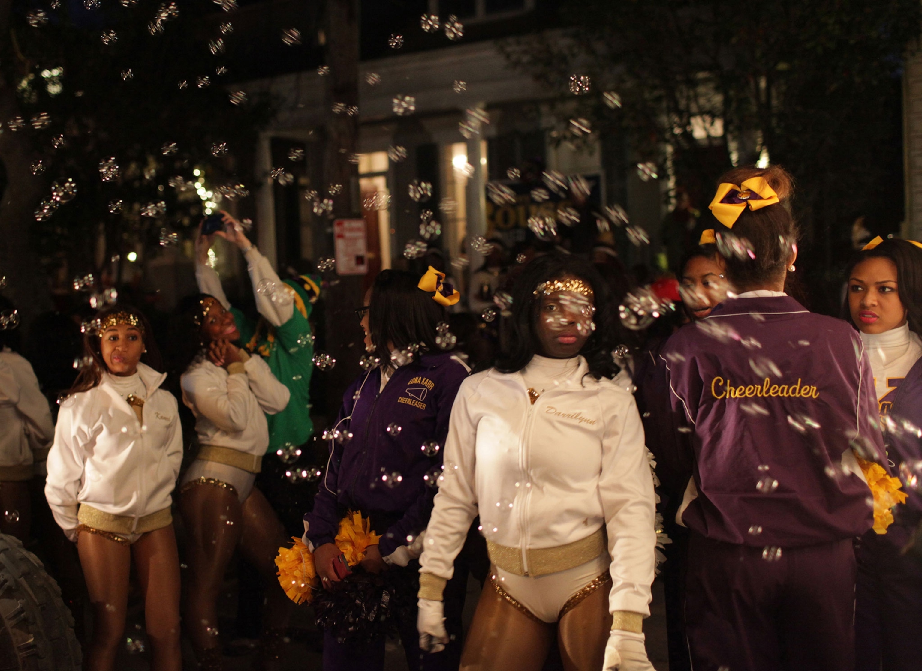 cheerleaders from Edna Karr High School before a Mardi Gras parade in New Orleans