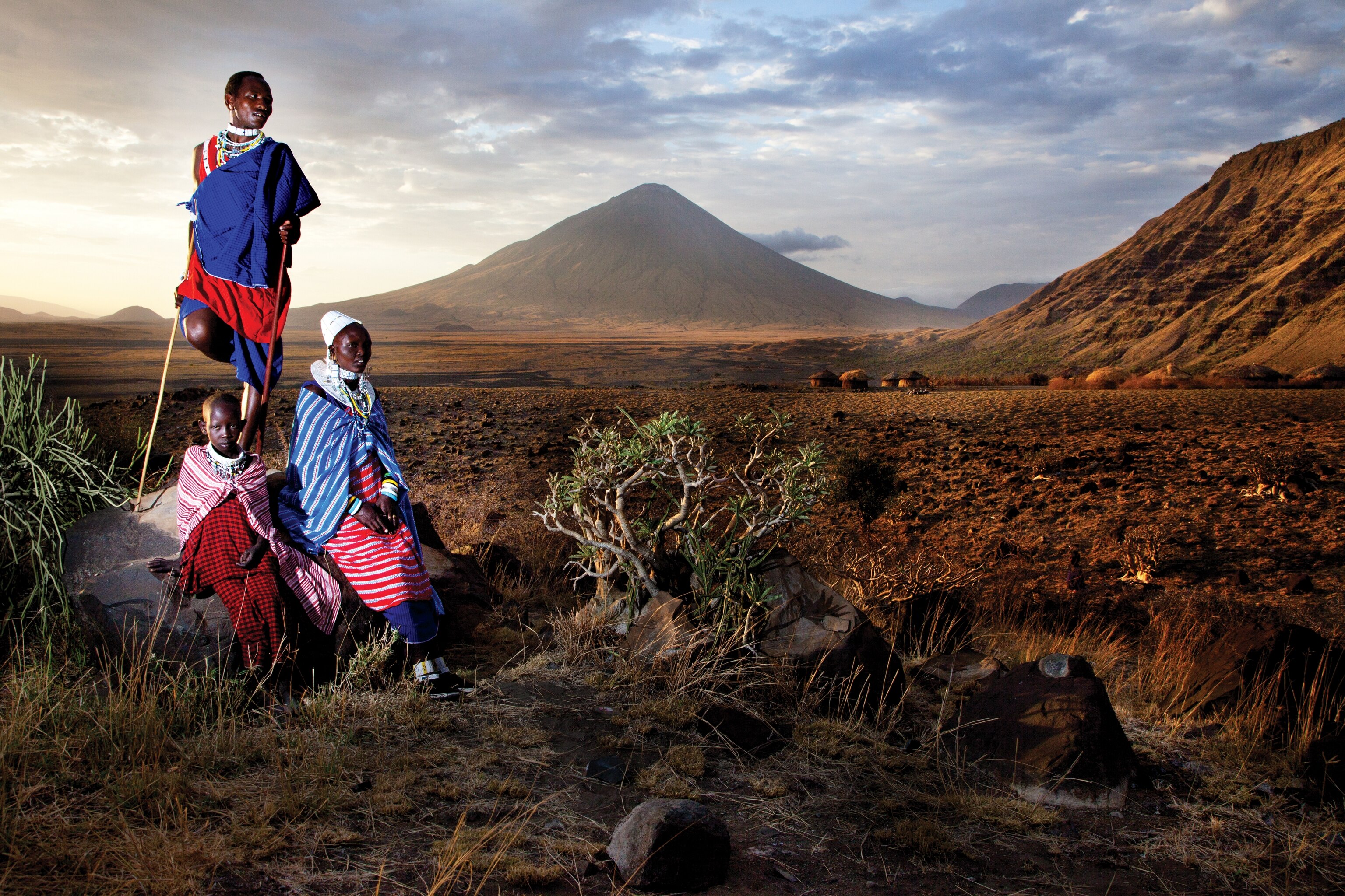 a traditional Maasai family portrait in front of Ol Doinyo Lengai, or Mountain of God