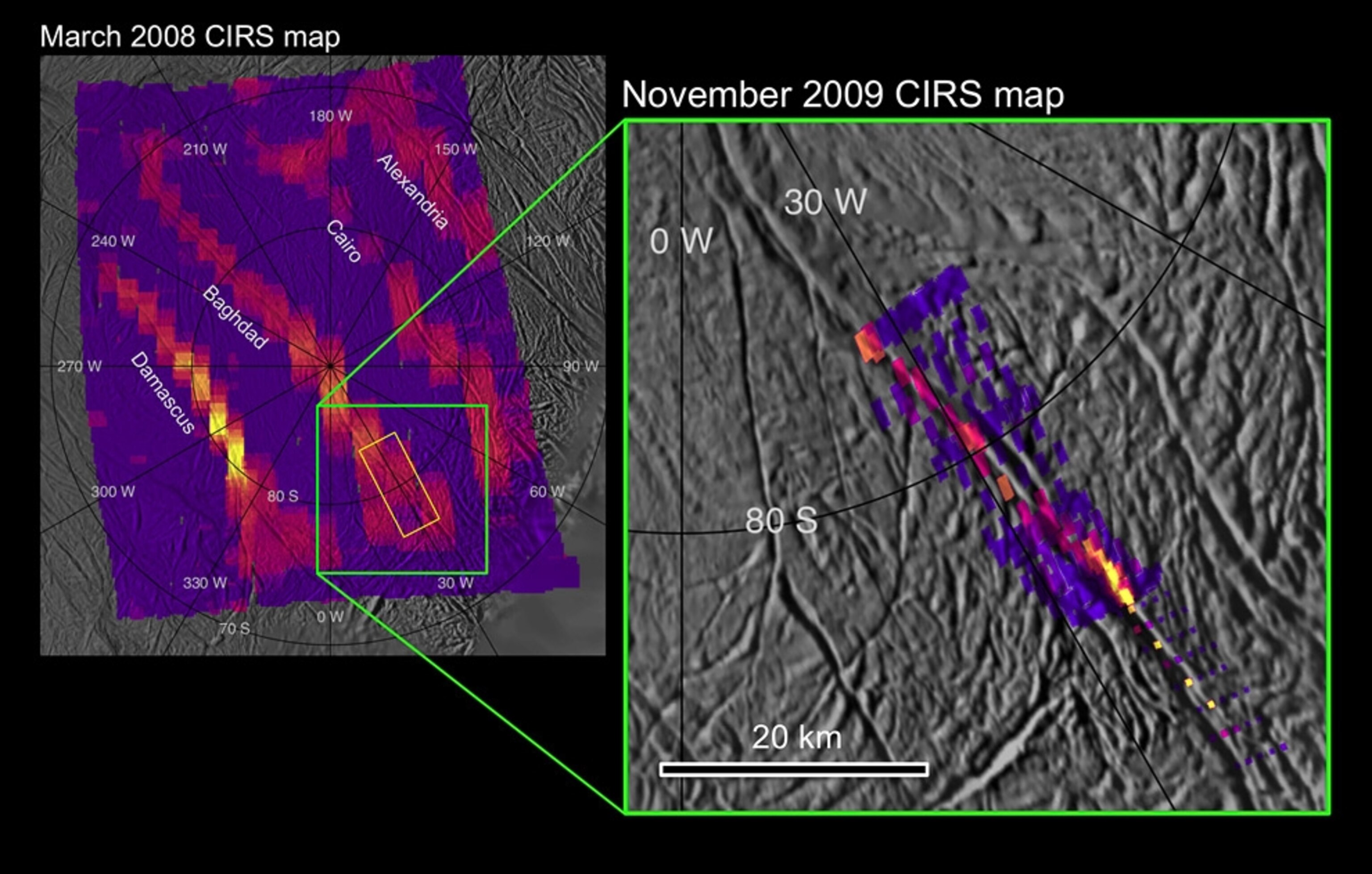 Two pictures show the heat from a fissure on Saturn's moon Enceladus