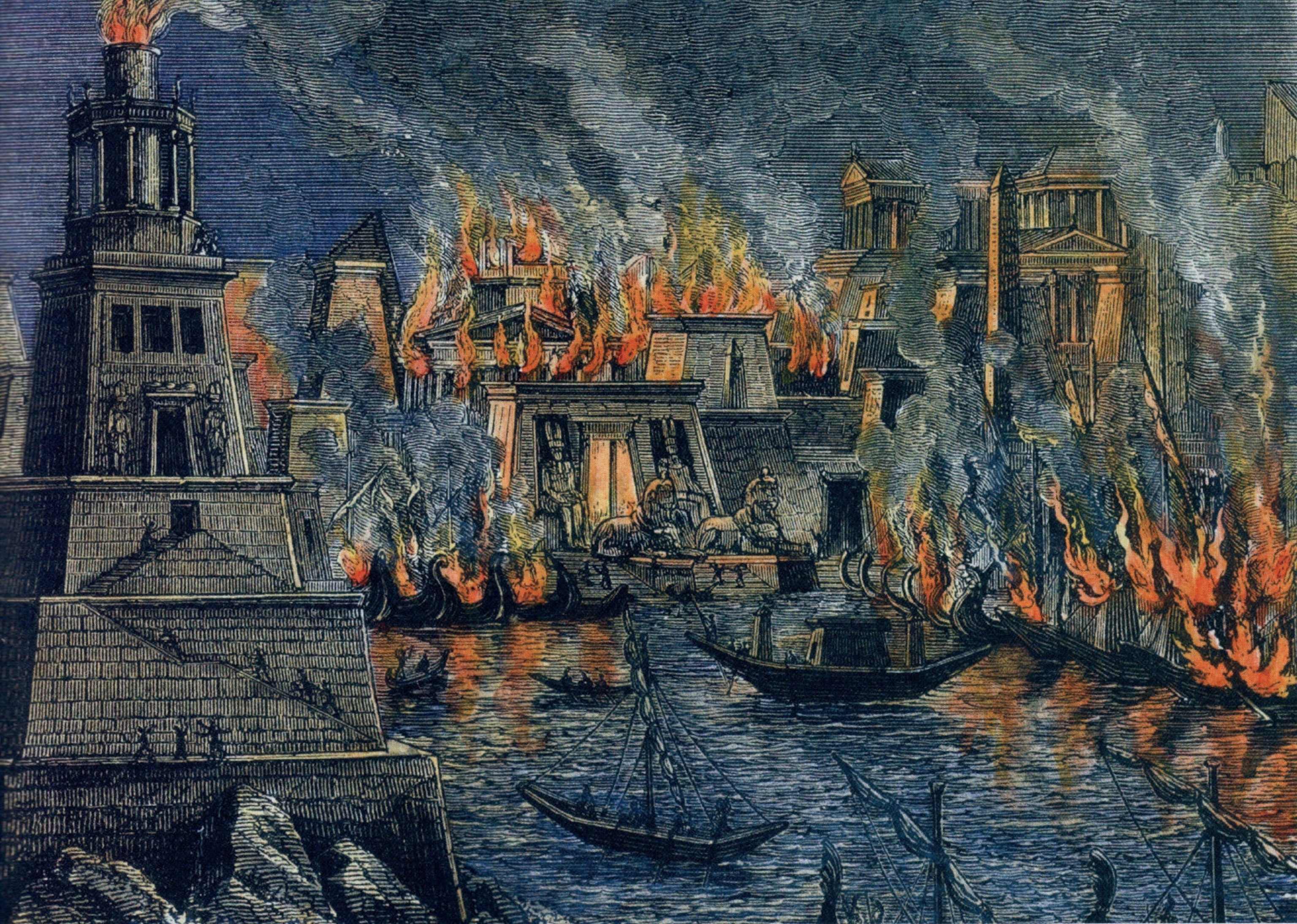 Artwork depicts the destruction of the Library of Alexandria in a dramatic and emotional painting, showcasing the intensity of the historical event and its cultural significance.