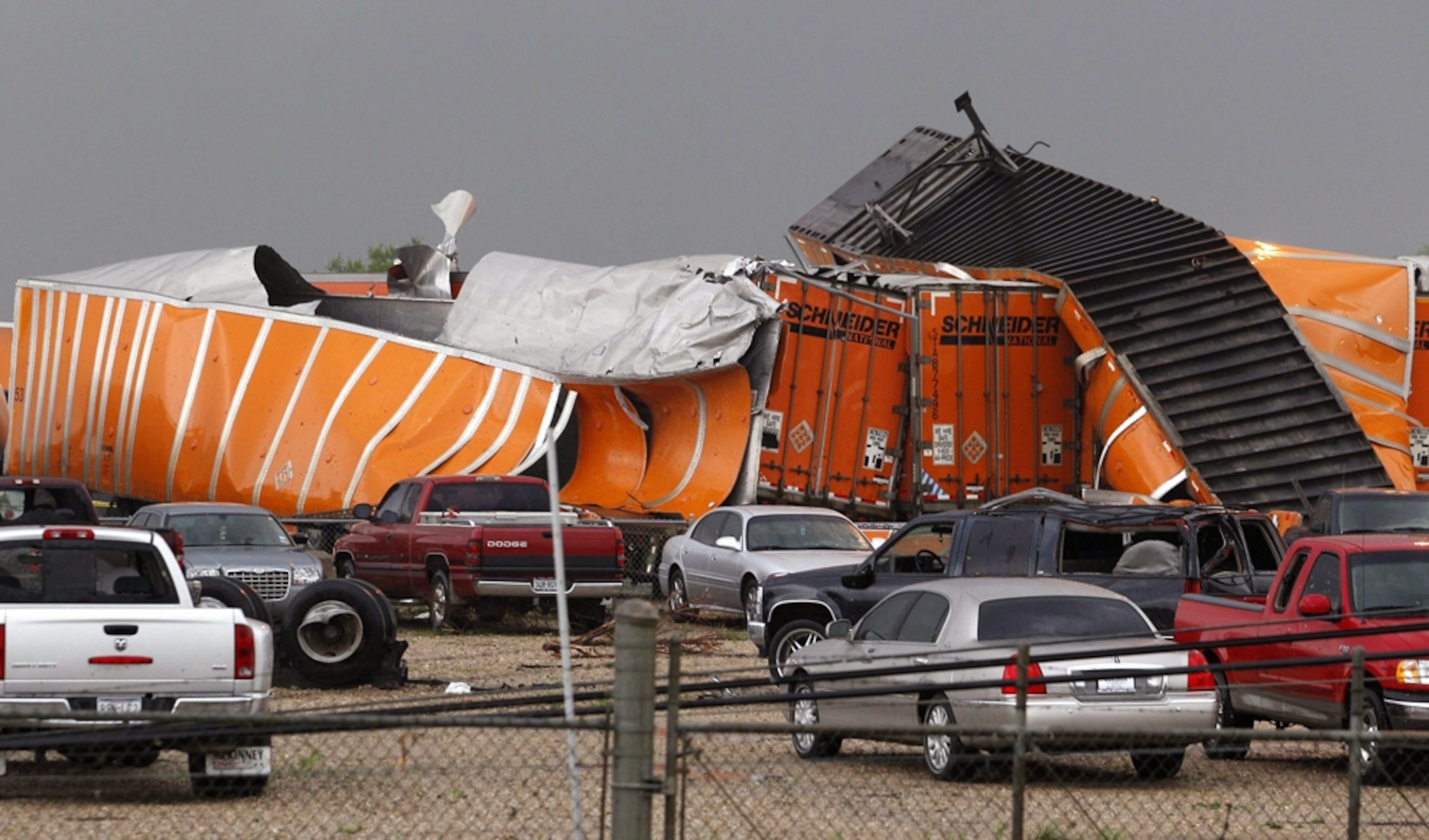 Texas tornadoes picture: crumpled tractor trailers
