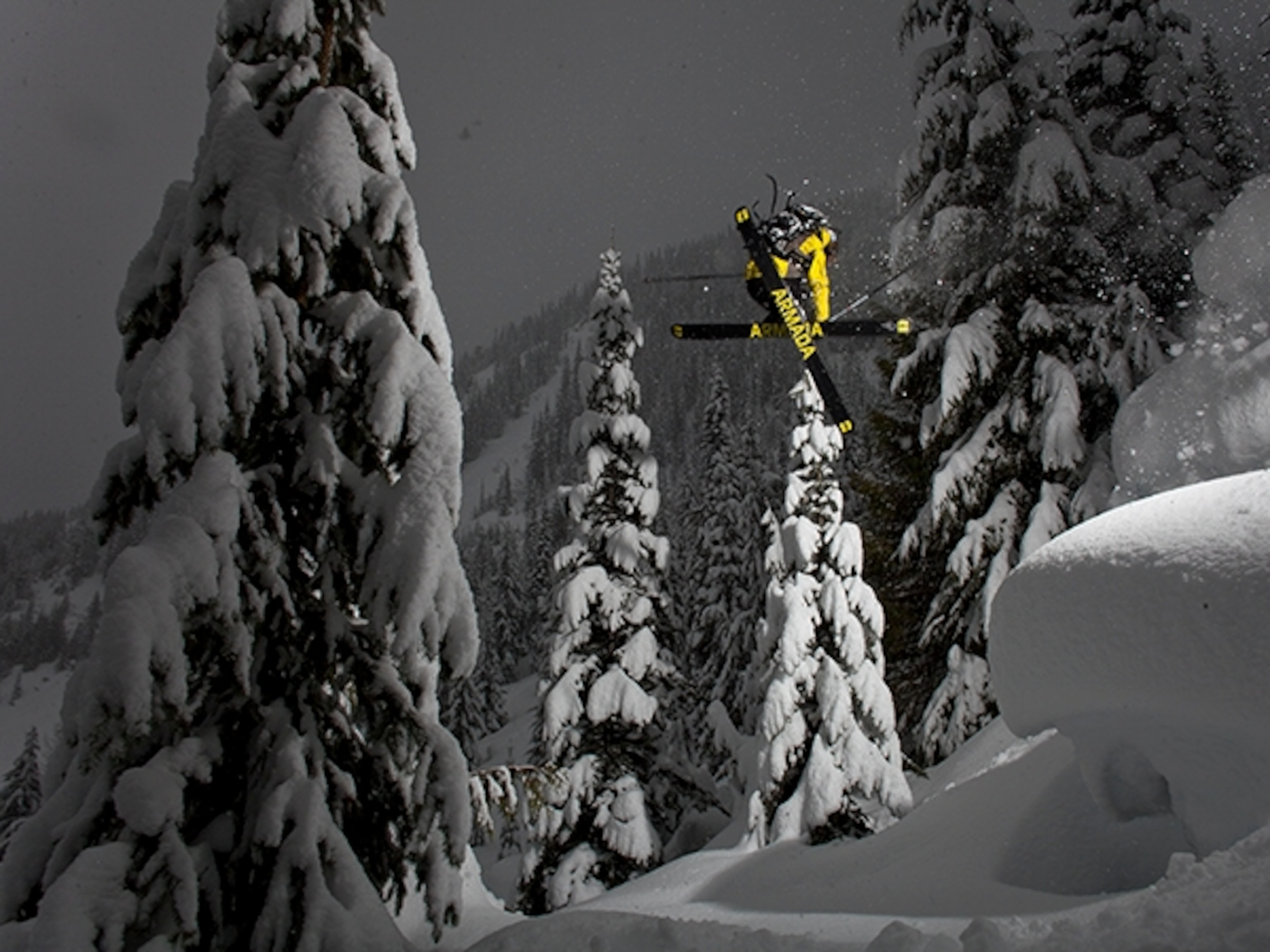 “The terrain and the snow in the Kootenays makes it one of my favorite places to go skiing,” said Auclair. “In fact, if I make my way to Retallack Ski Lodge this year, it will be ten in a row for me! Rolling terrain, trees, big snow mushrooms, and pillows—dreamy!” Photograph by Chris O'Connell