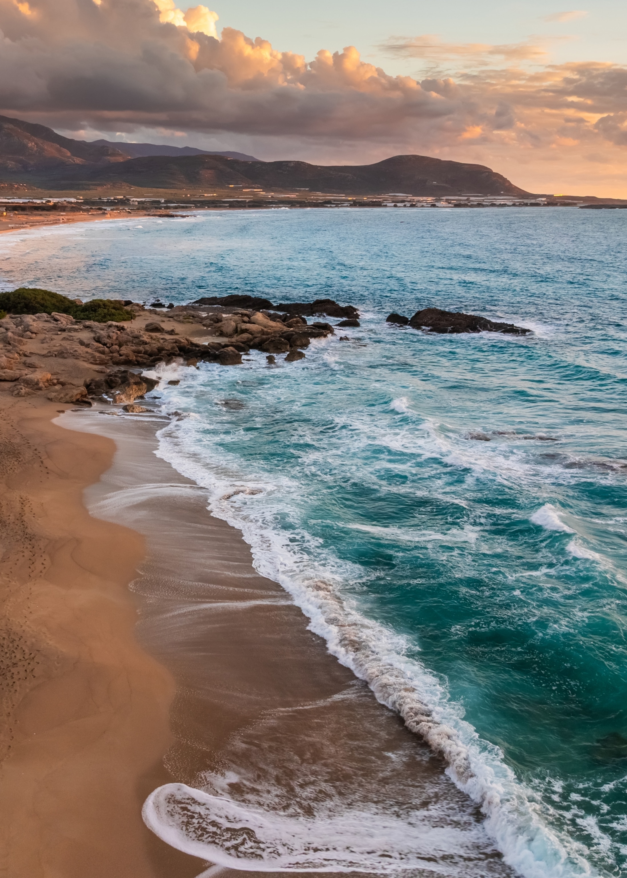 Aerial view of a sandy beach of Falasarna, Crete, Greece