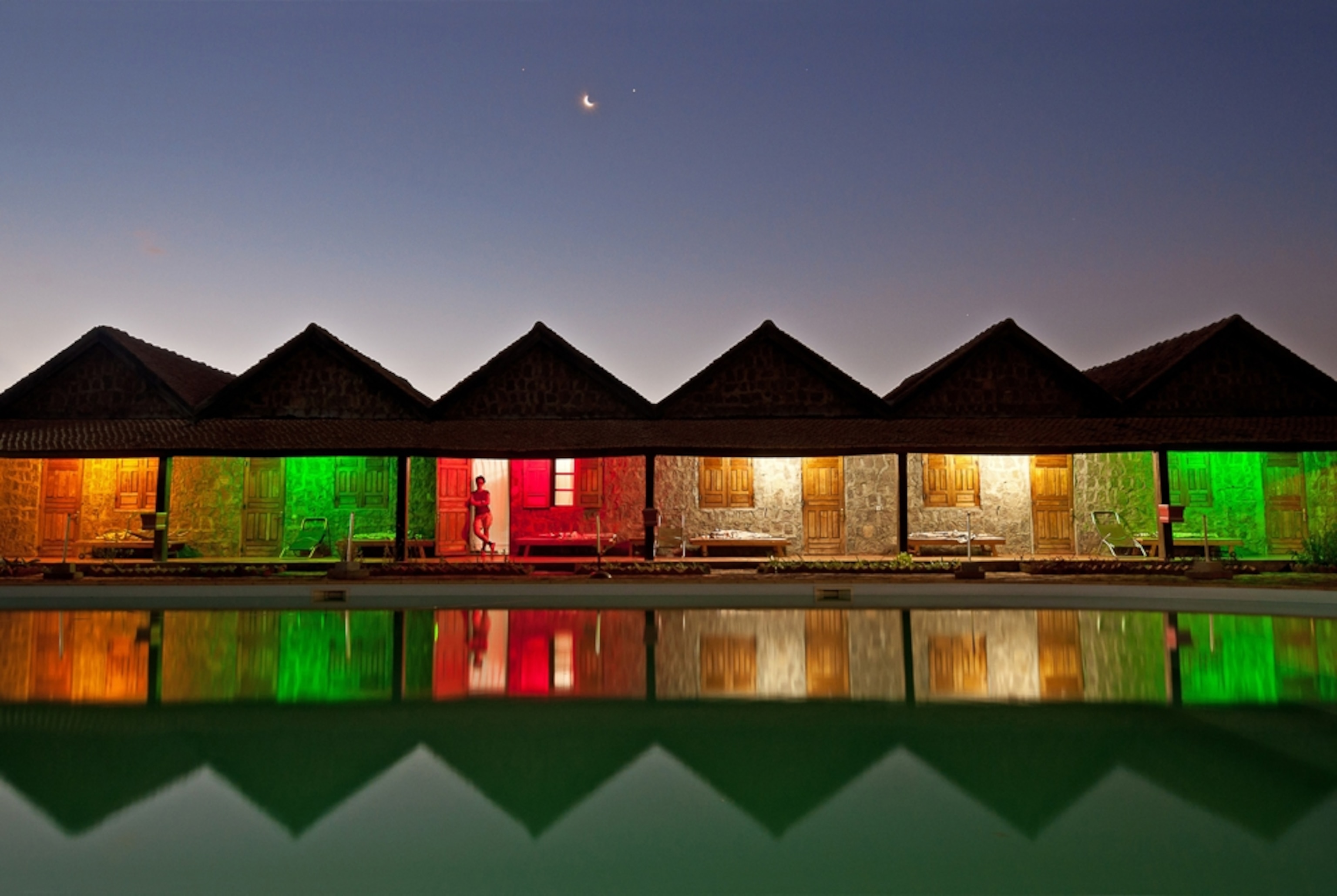 an illuminated motel in Ranohira, Madagascar