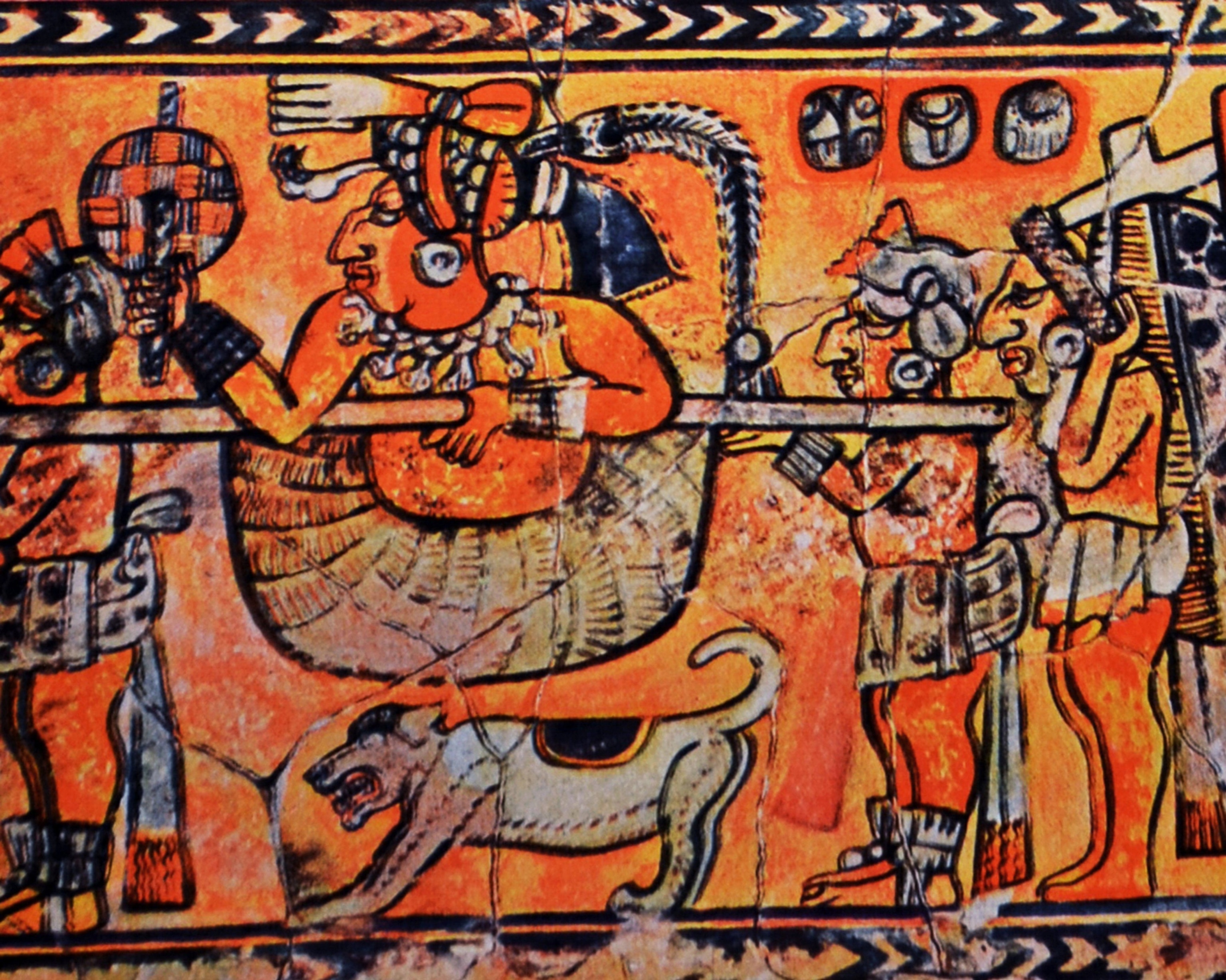 Ancient Mayan mural with vibrant orange hues depicting a regal figure seated on a throne, surrounded by attendants, adorned with elaborate headdresses. A fierce dog is present below