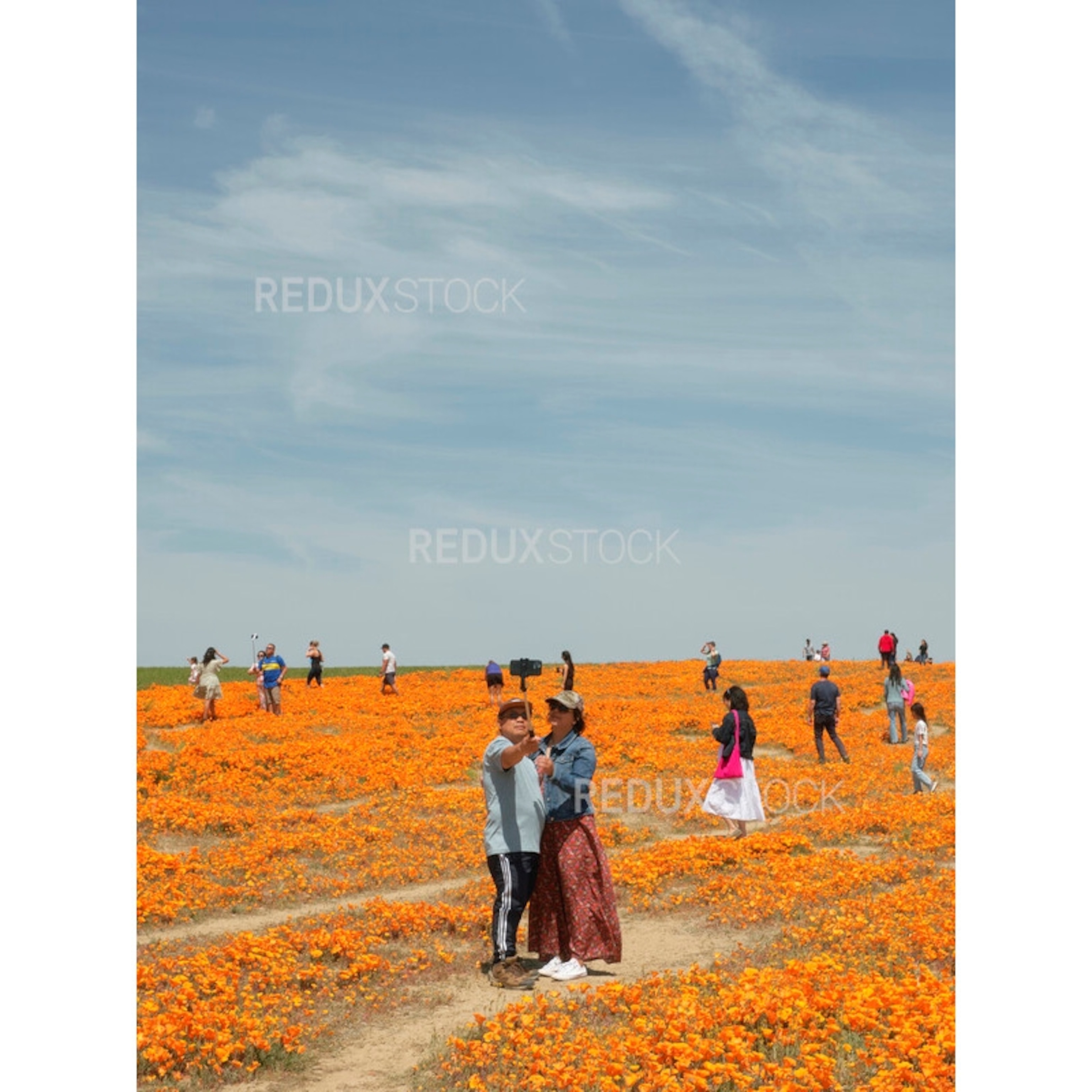 A couple takes a selfie in the Superbloom flowers with a large crowd behind them. Photographed at Antelope Valley Poppy Reserve in California.
