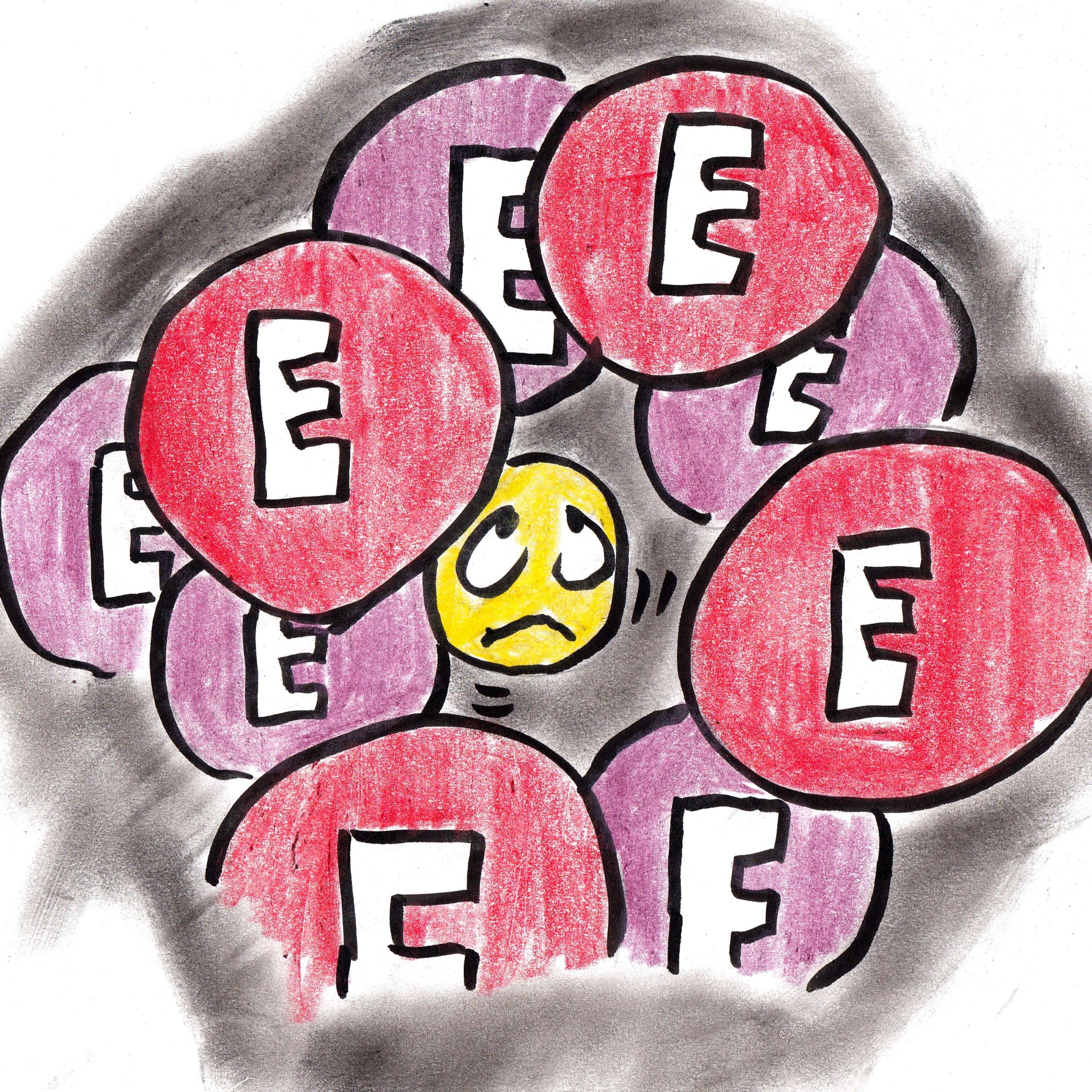 Drawing of a sunshine surrounded by pink and purple circles with the capital letter ''E'' on each of them
