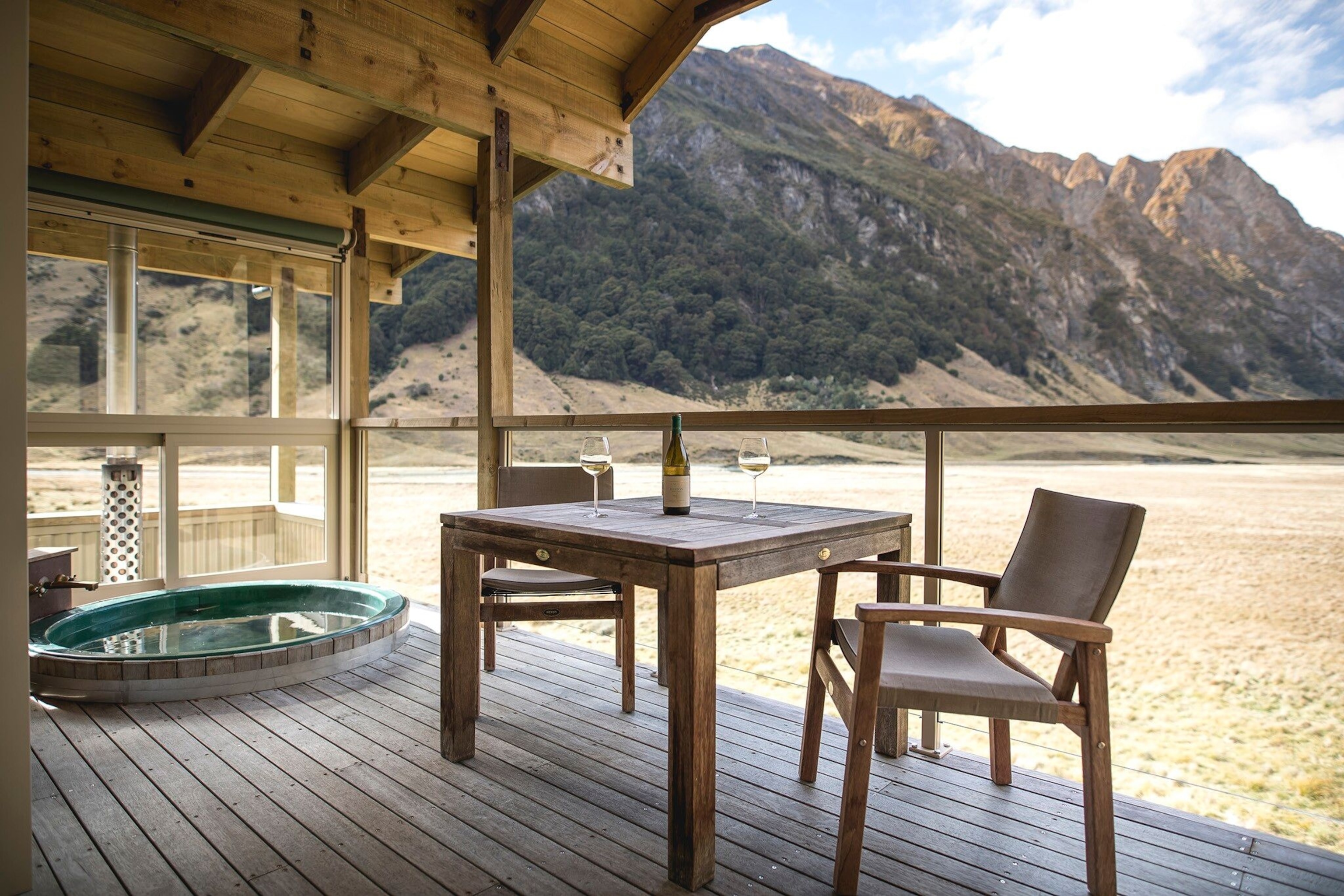 Minaret Station is surrounded by mountainous national parks, with each luxury chalet boasting a private deck.