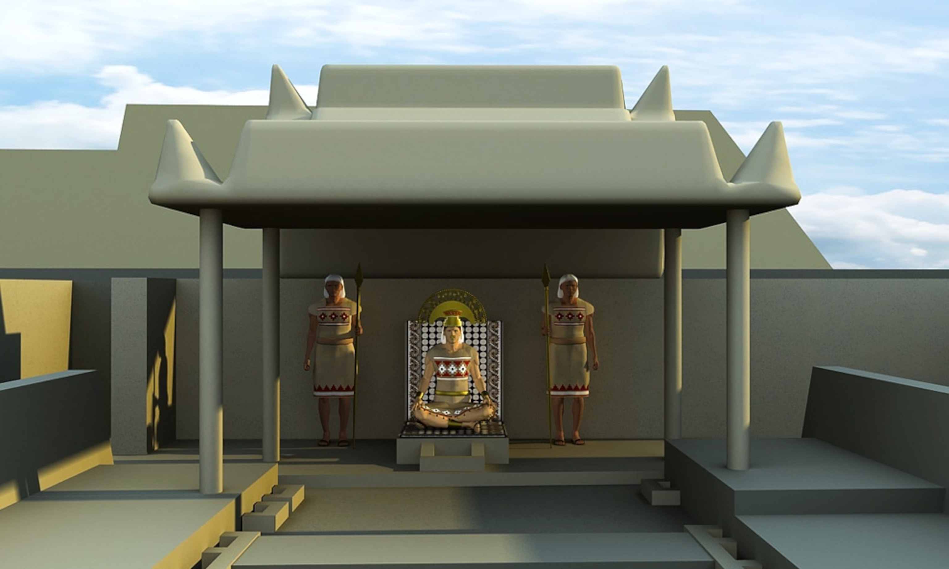 A Lambayeque ruler sits on a throne in a computer-generated picture