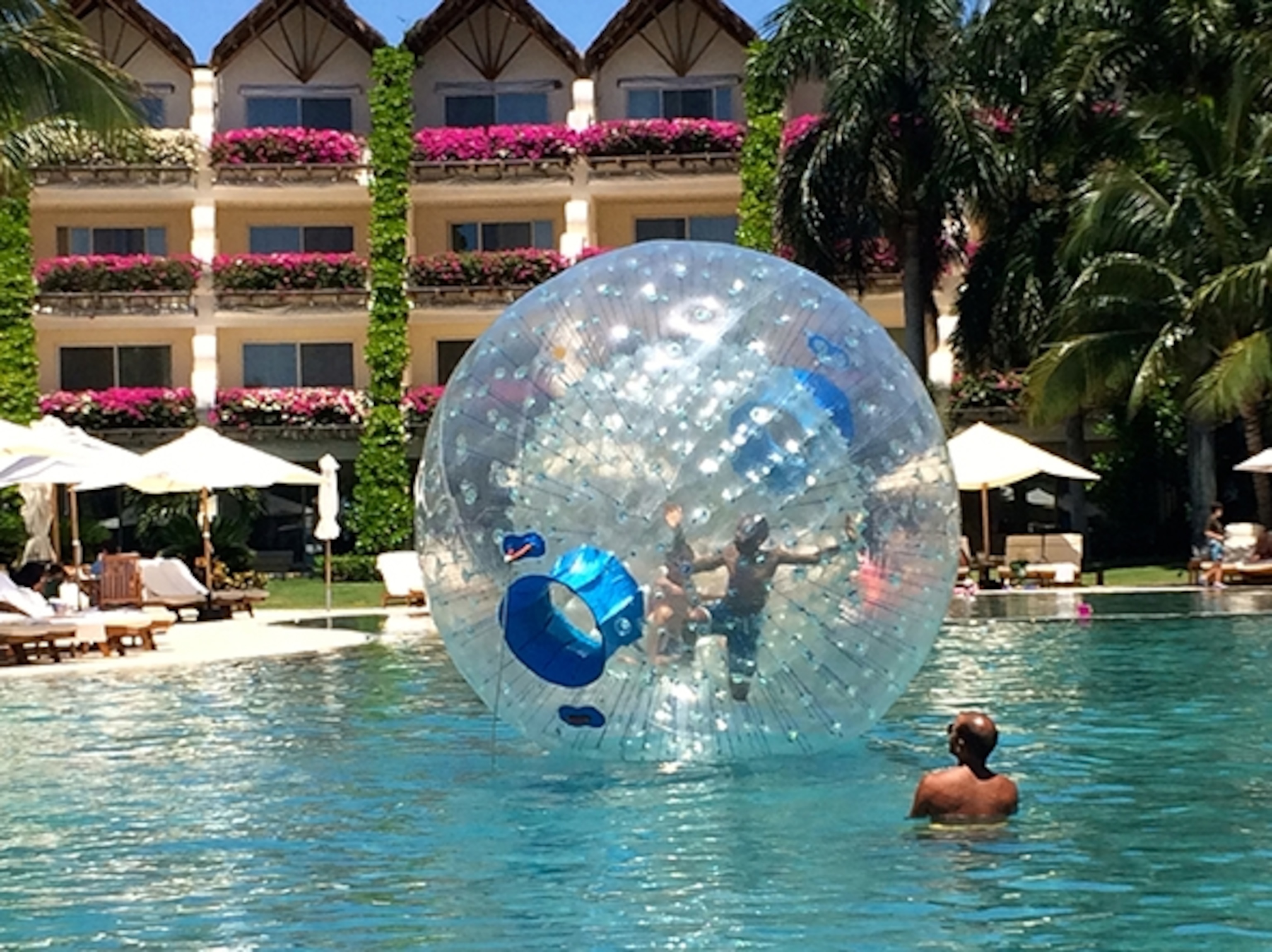 Ethan tries his hand at zorbing in the resort's pool. (Photograph by Heather Greenwood Davis)