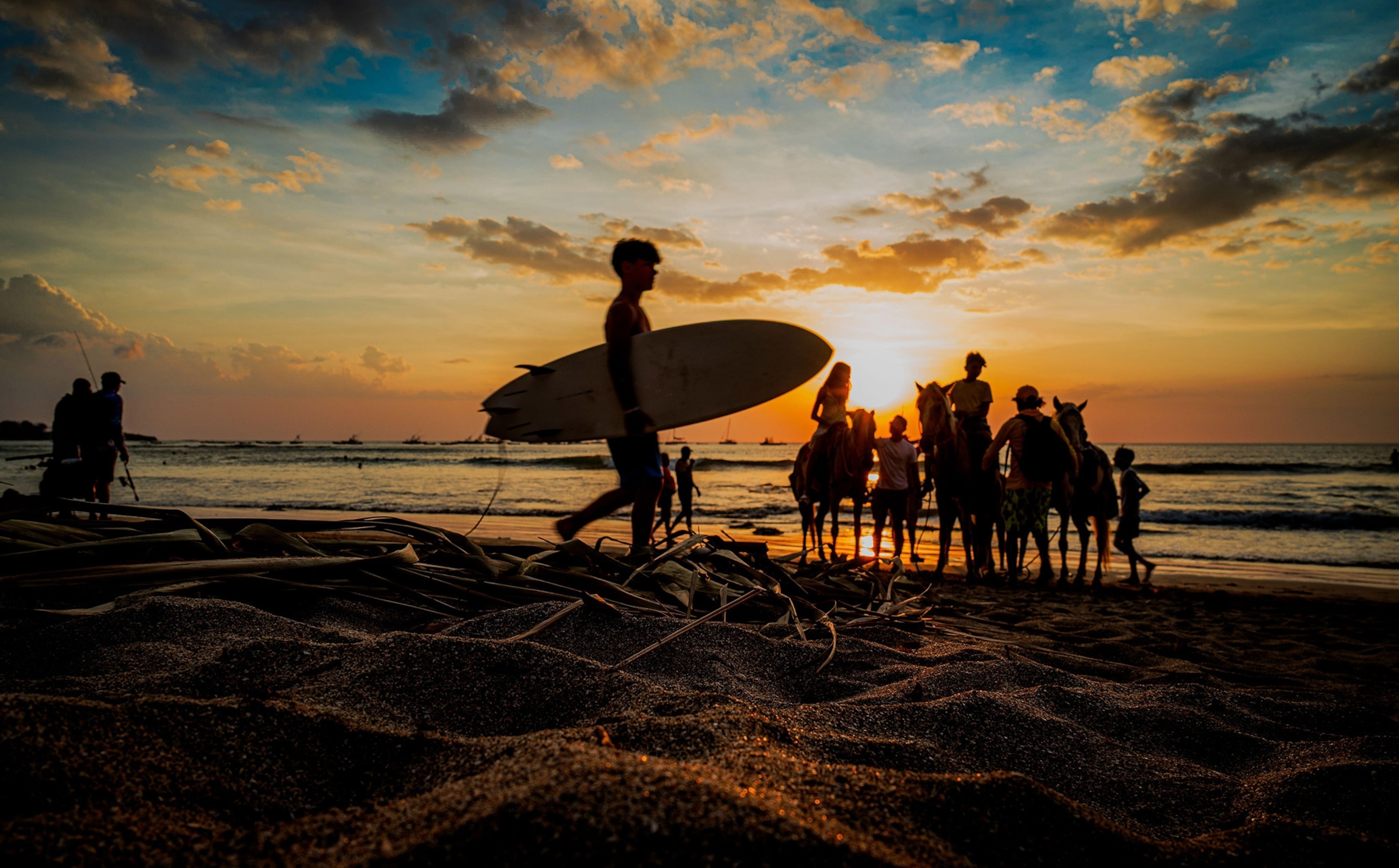 A surfer with a surfboard, a group of people and horses, and a couple with fishing rods are silhouetted against dramatic sunset on sandy beach