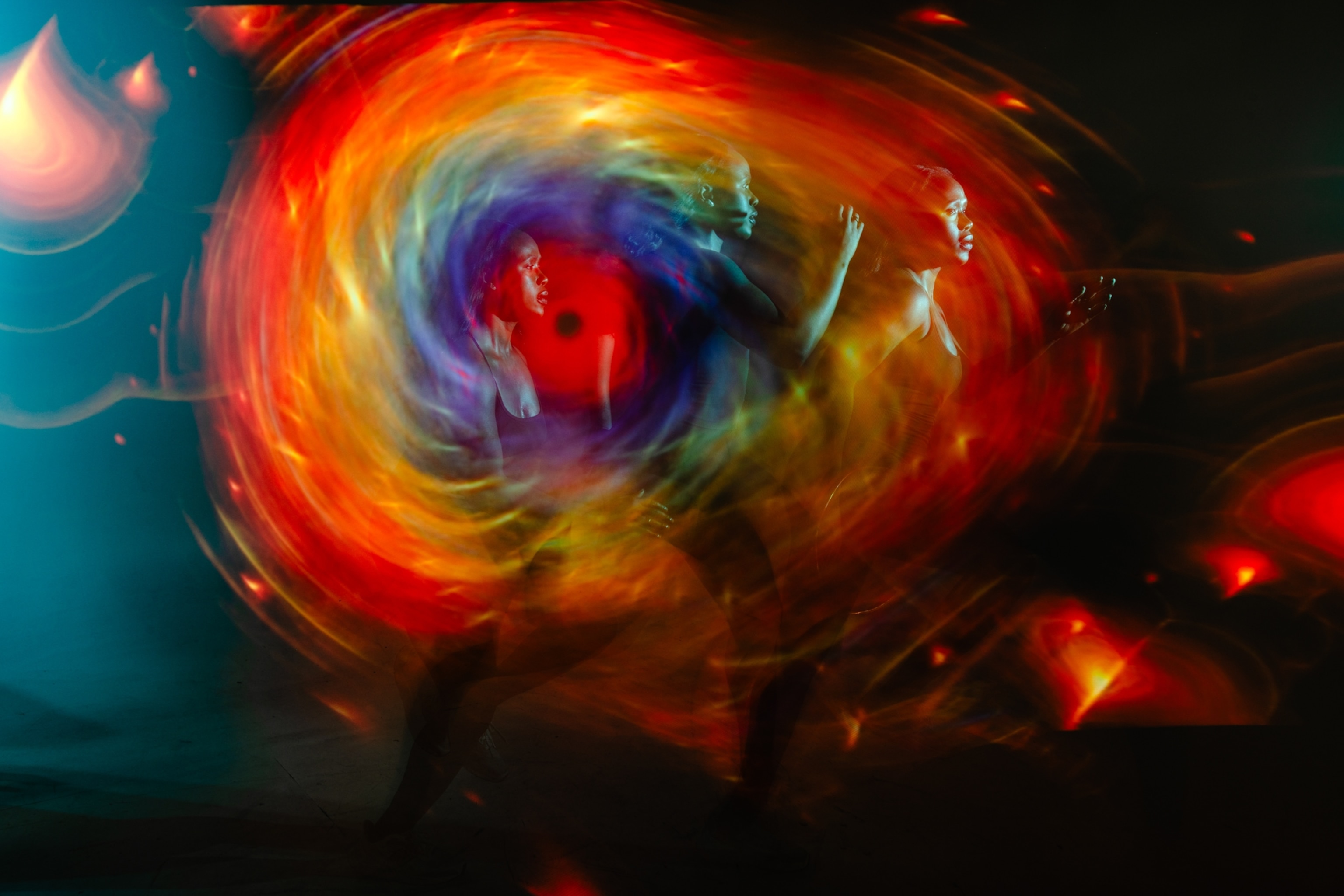 A woman running, surrounded by swirls of psychedelic lights