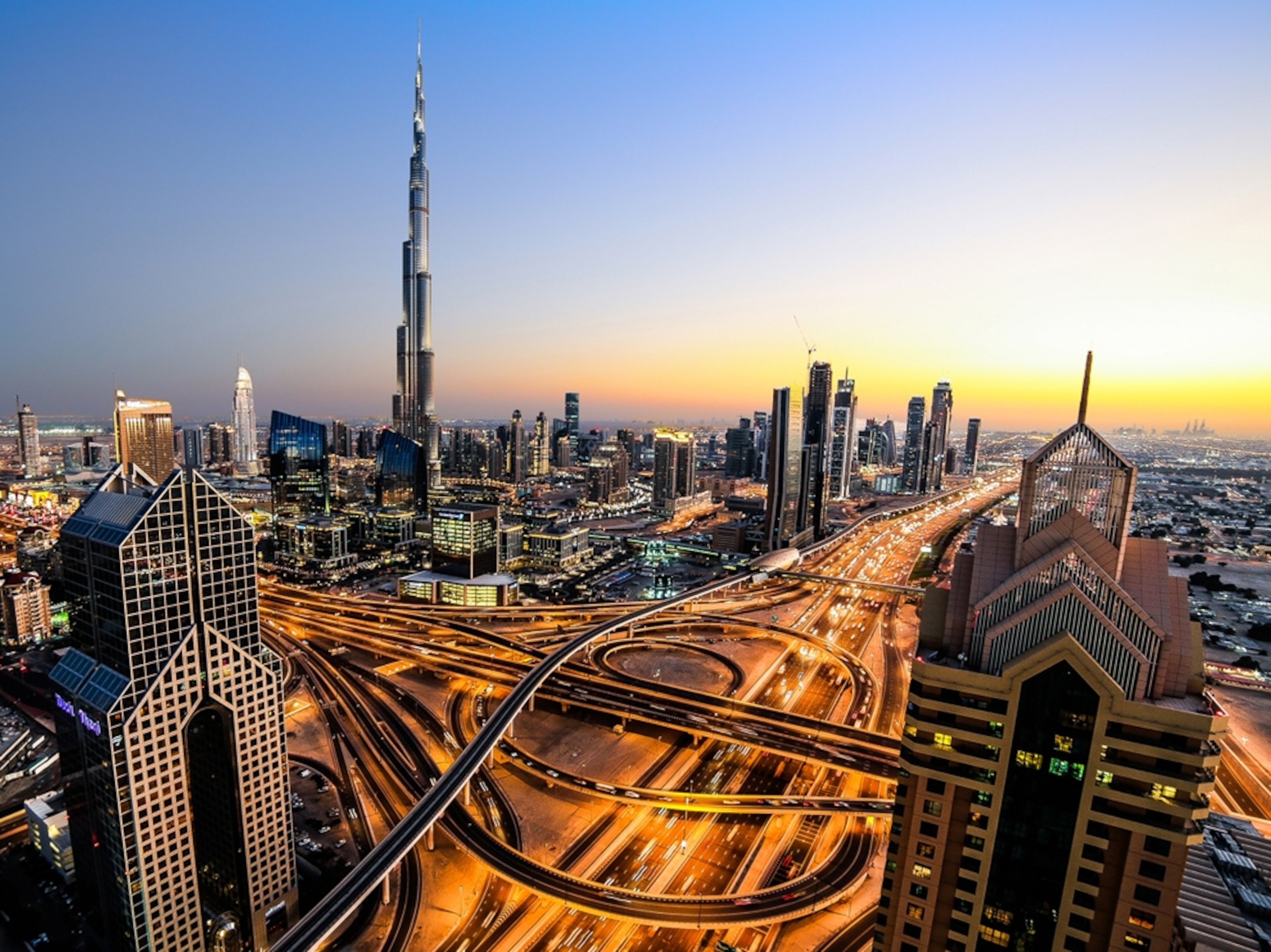the Burj Khalifa towering over the Dubai Skyline, United Arab Emirates.